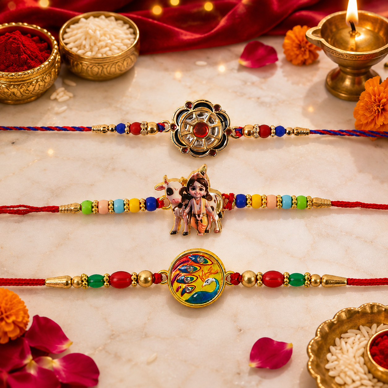 Floral Charm, Lord Krishna & Meenakari Peacock Beads Rakhi for Brother (3 Pc Set)