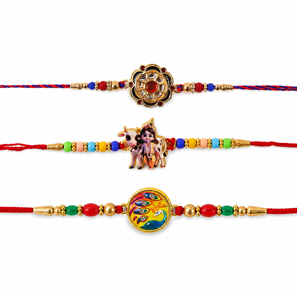 Floral Charm, Lord Krishna & Meenakari Peacock Beads Rakhi for Brother (3 Pc Set)