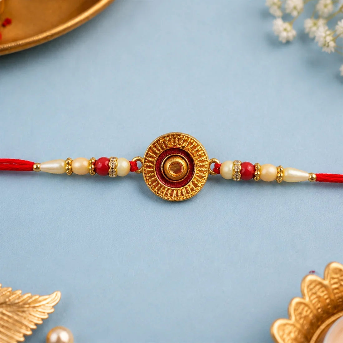 Golden Peacock Feather, Traditional Om & Peacock Beaded Rakhi for Brother (3 Pc)