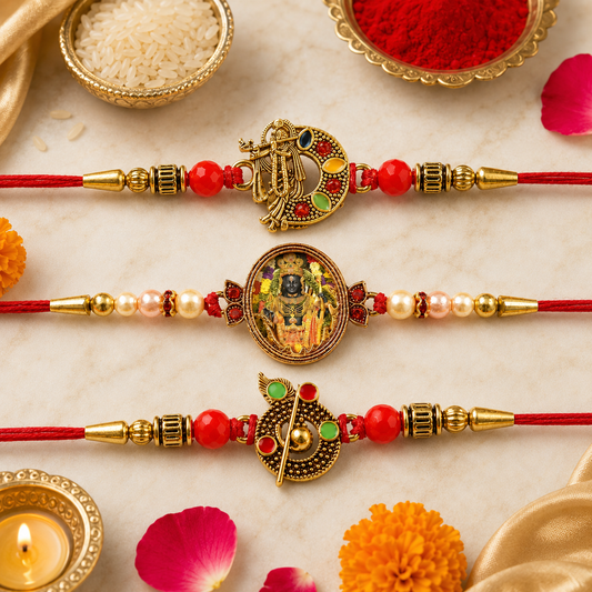 Divine Maharashtrian God, Red Beaded Krishna & Blessing Rakhi for Brother (3 Pc)