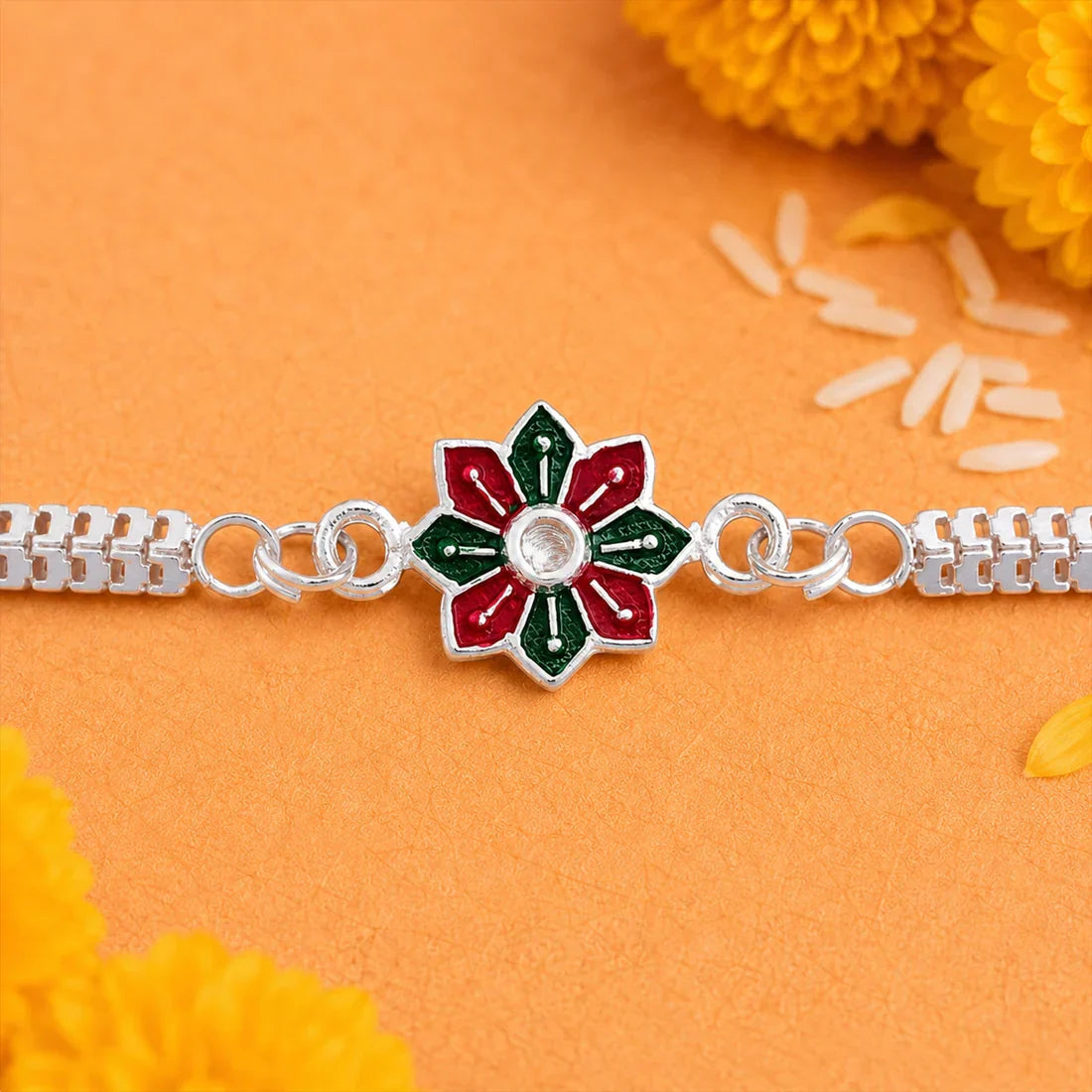 Tricolor Floral, Elegant Bracelet & Golden Pearl Charm Rakhi for Brother (3 Pc)