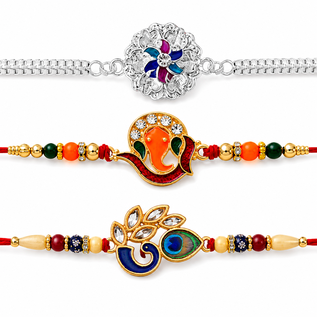 Silver Floral Enamel, Golden Ganesha & Mor Pankh Design Rakhi for Brother (3 Pc)