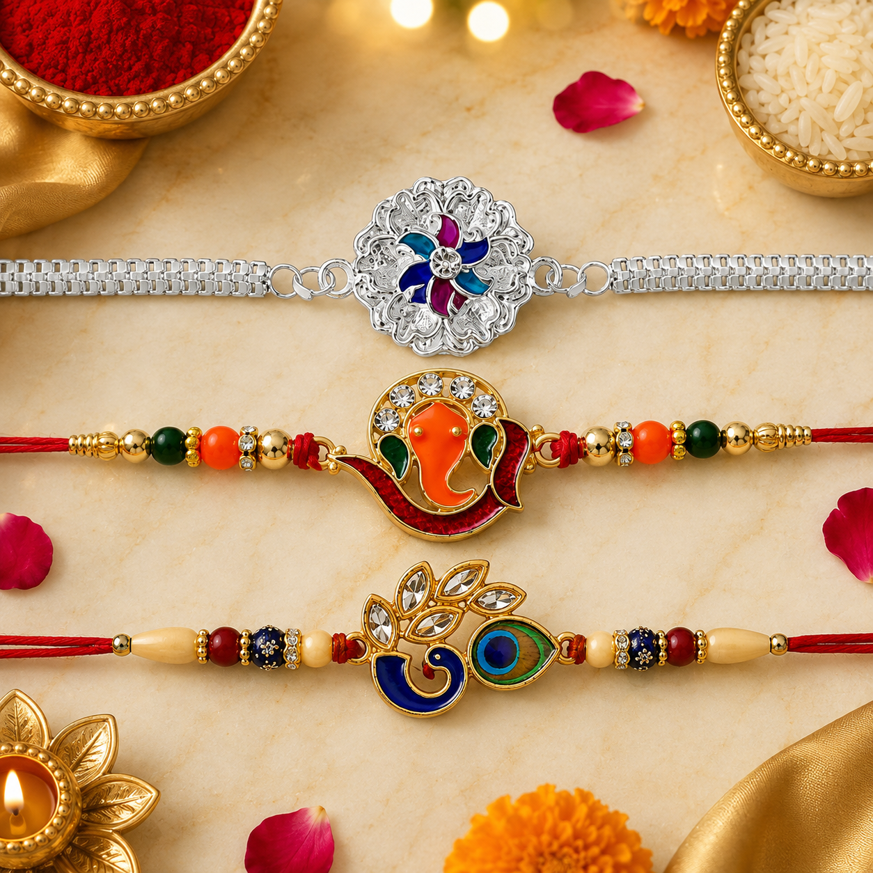 Silver Floral Enamel, Golden Ganesha & Mor Pankh Design Rakhi for Brother (3 Pc)