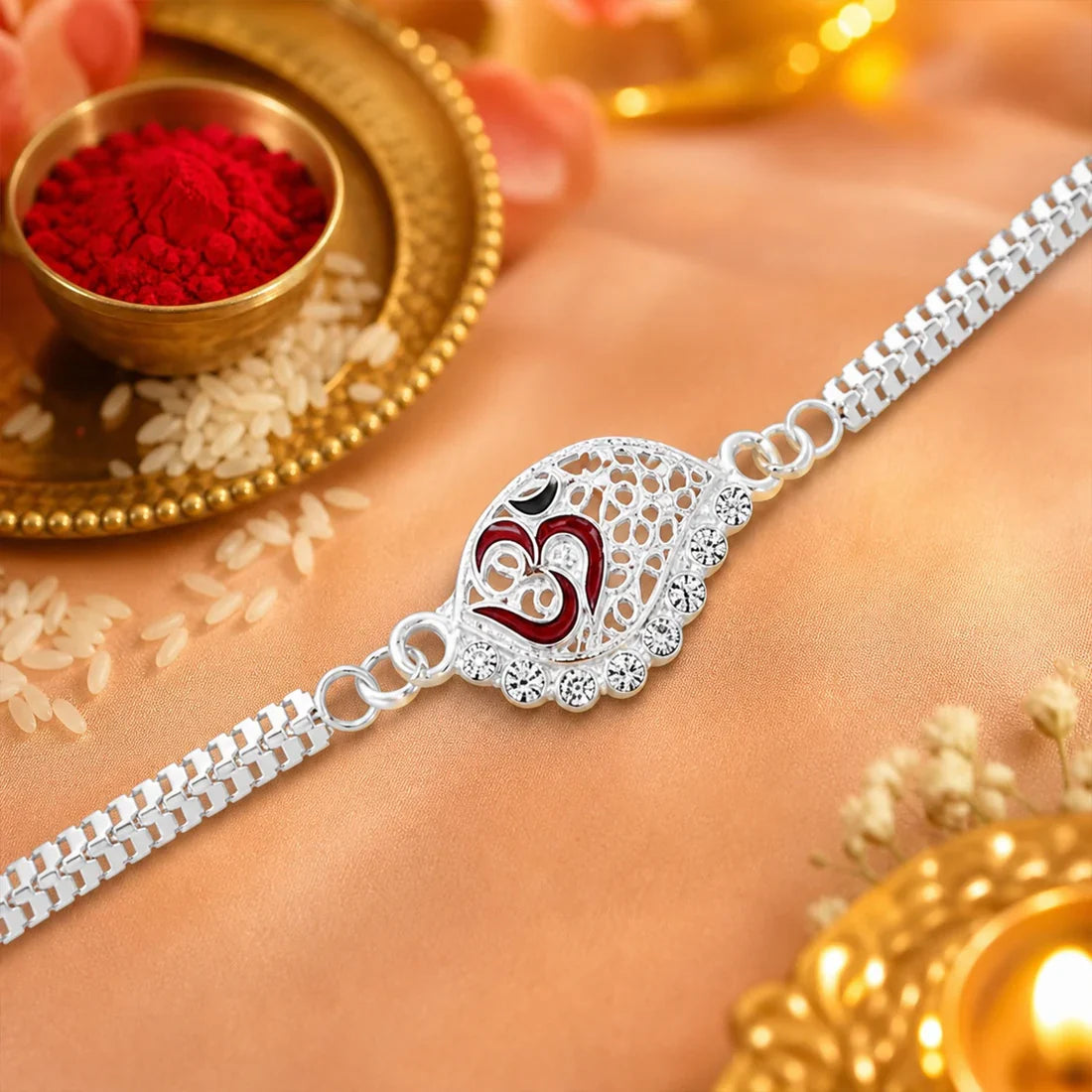 Traditional Flower, Silver Om Chain & Enamel Paisley Rakhi for Brother (3 Pc Set)