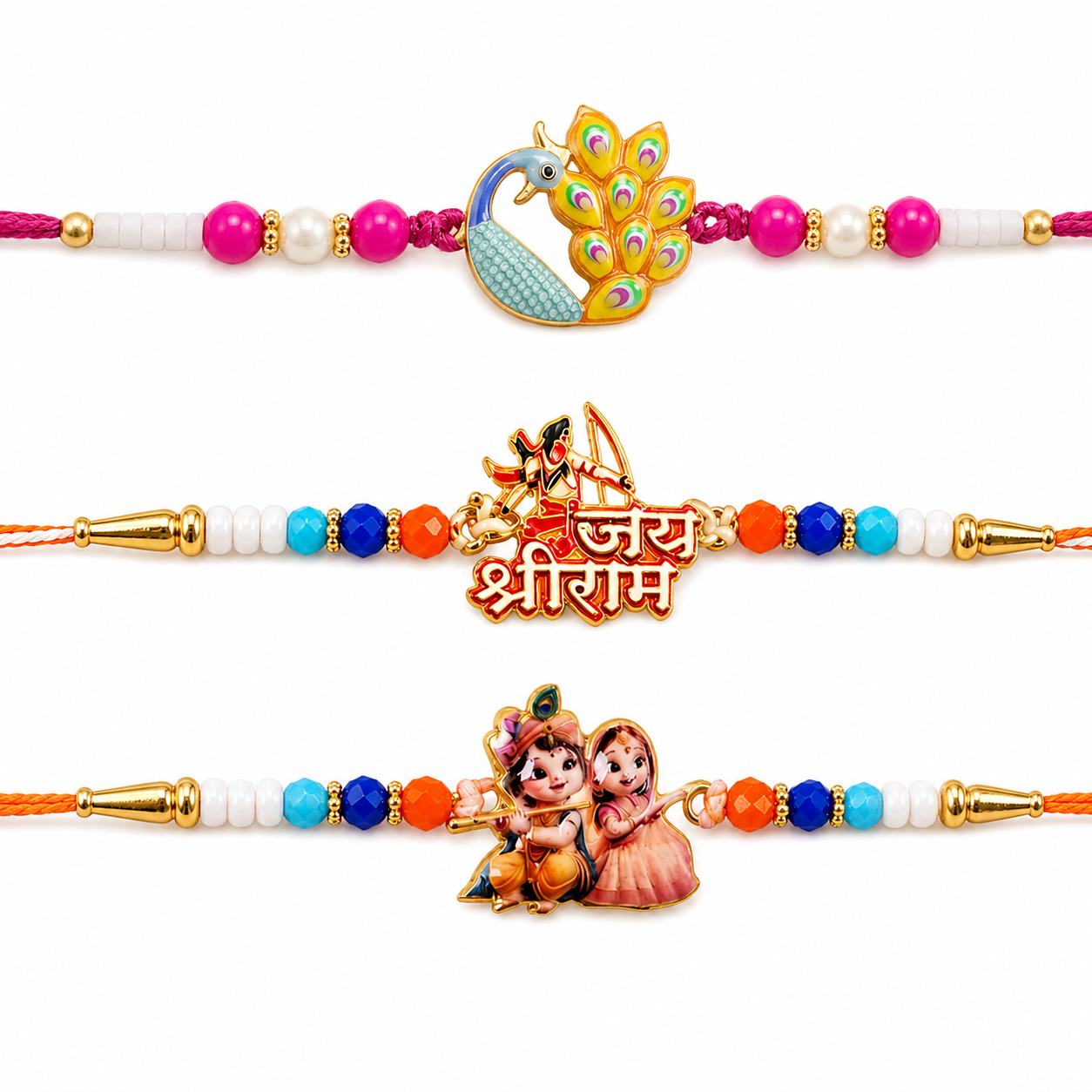 Jai Shri Ram, Colorful Peacock Meenakari & Radha Krishna Rakhi for Brother (3 Pc)