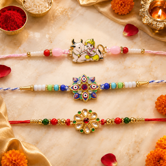 Three colorful bracelets with beads and charms are arranged on a marble surface with flowers, rice, and red powder.