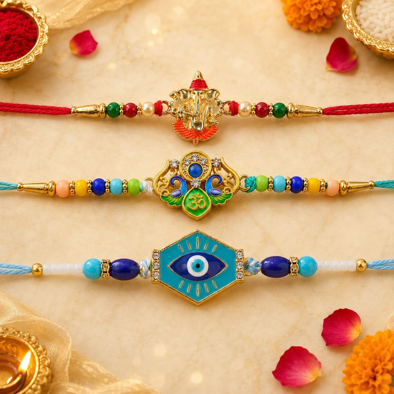 Ganesha Meenakari, Colorful Beads & Turquoise Evil Eye Rakhi for Brother (3 Pc)