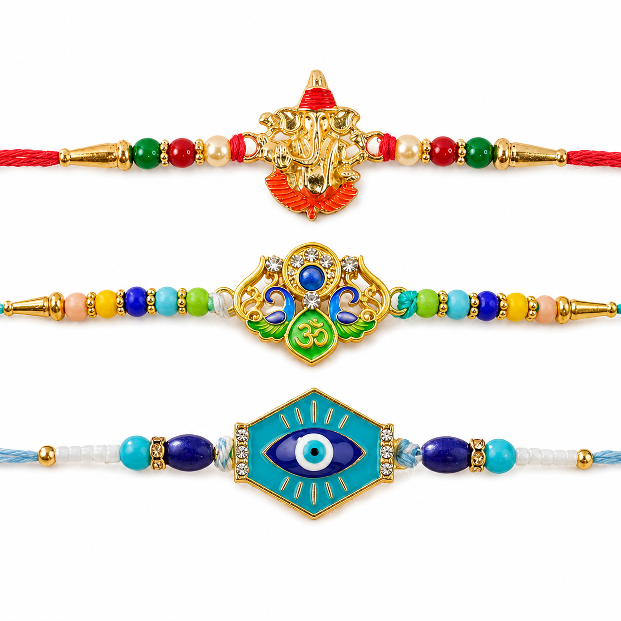 Ganesha Meenakari, Colorful Beads & Turquoise Evil Eye Rakhi for Brother (3 Pc)