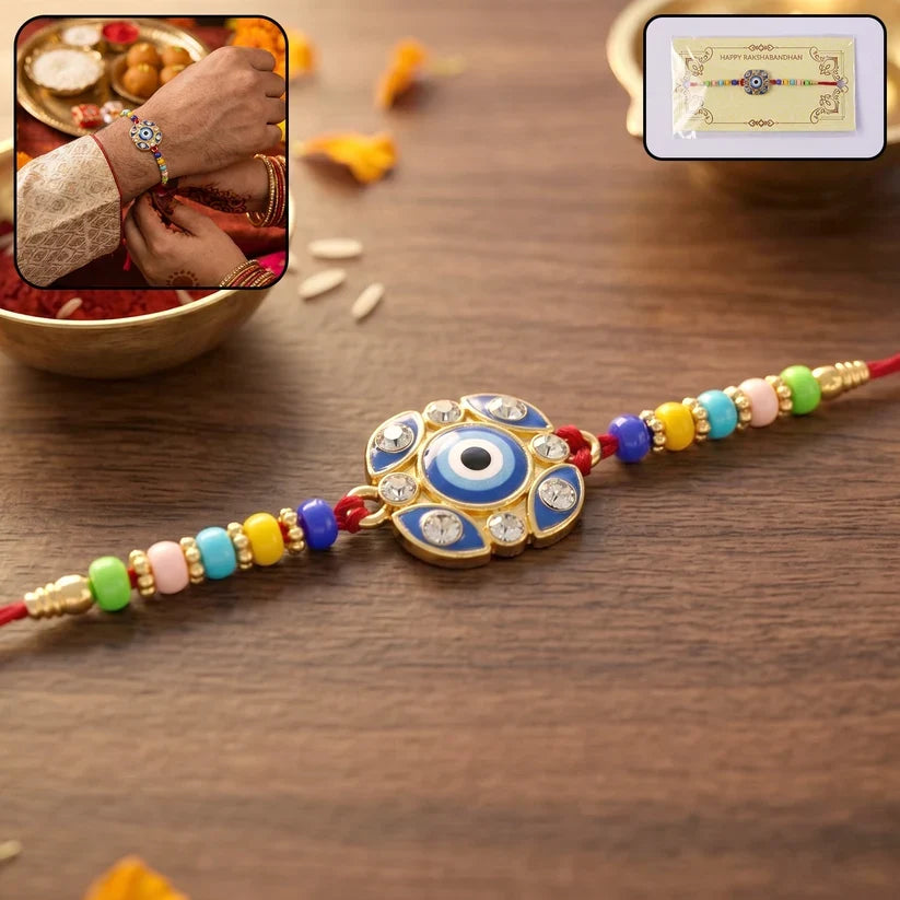 Green Tulsi Leaf, Evil Eye Floral Petal & Ganpati Design Rakhi for Brother (3 Pc)