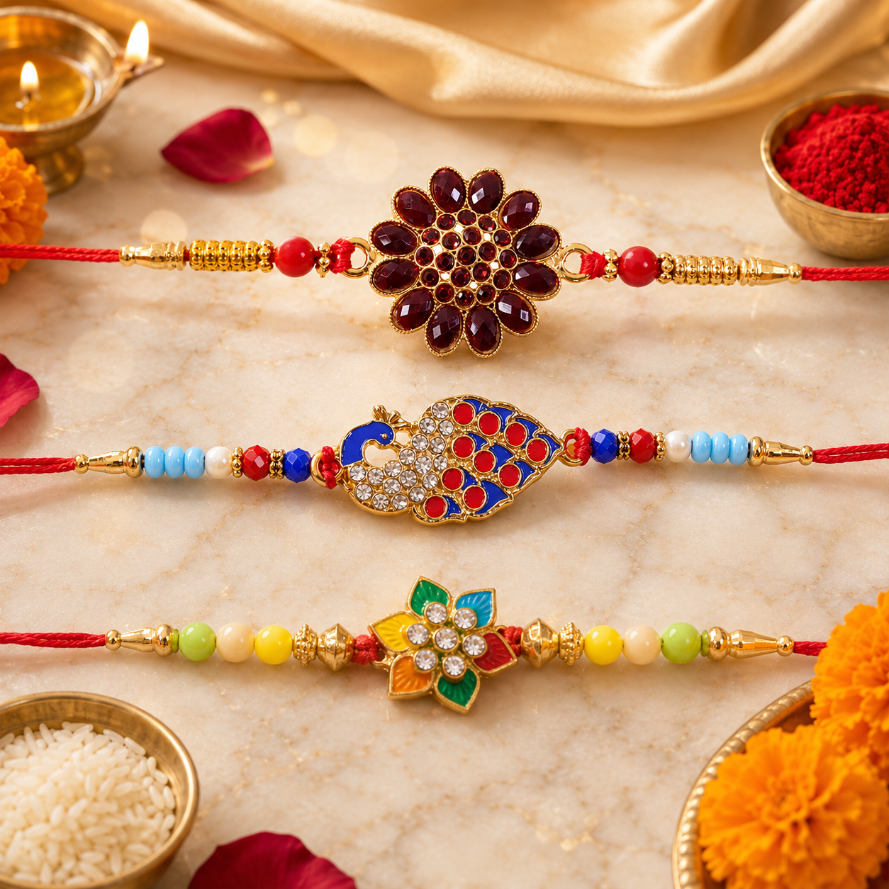 Red Floral Stone, Peacock Paisley Studded & Star Kundan Rakhi for Brother (3 Pc)