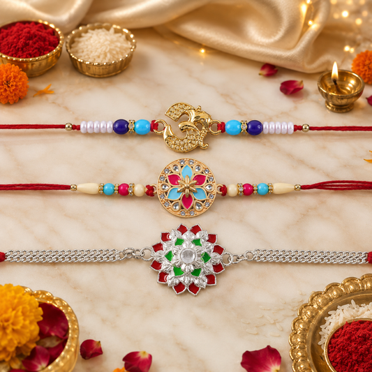 Floral Stone, Pink-Blue Enamel & Om Symbol Beaded Rakhi for Brother (3 Pc Set)