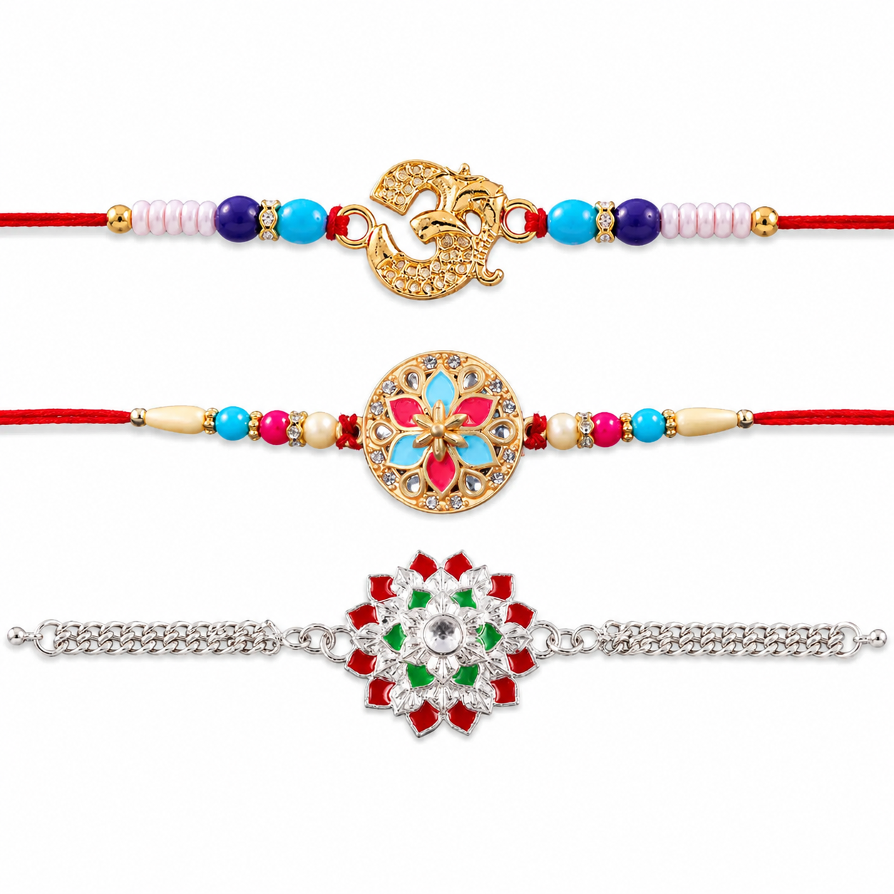 Floral Stone, Pink-Blue Enamel & Om Symbol Beaded Rakhi for Brother (3 Pc Set)