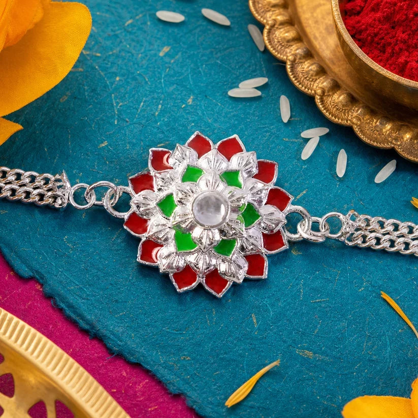 Floral Stone, Pink-Blue Enamel & Om Symbol Beaded Rakhi for Brother (3 Pc Set)