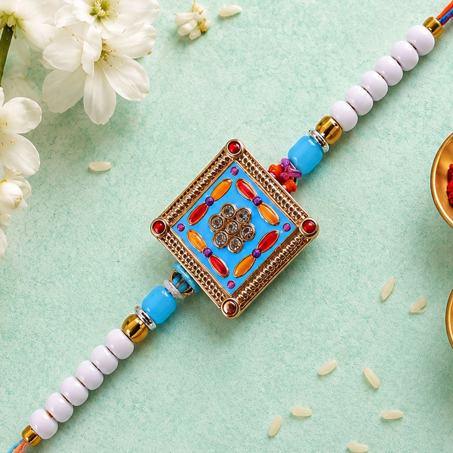 Premium Square Meenakari Enamel Crystal Stone Multicolor Beads Rakhi