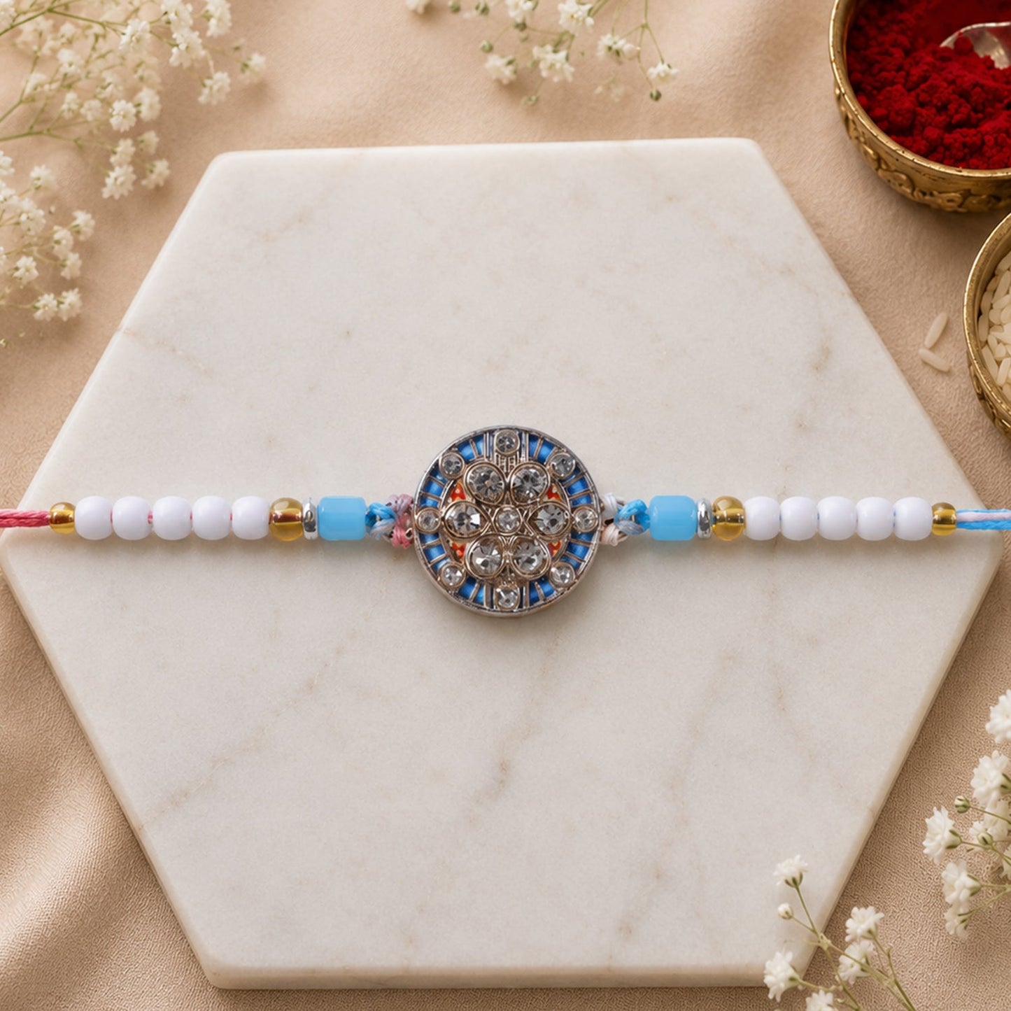 Round Meenakari Diamond Crystal Stone Pearl Beads Designer Rakhi