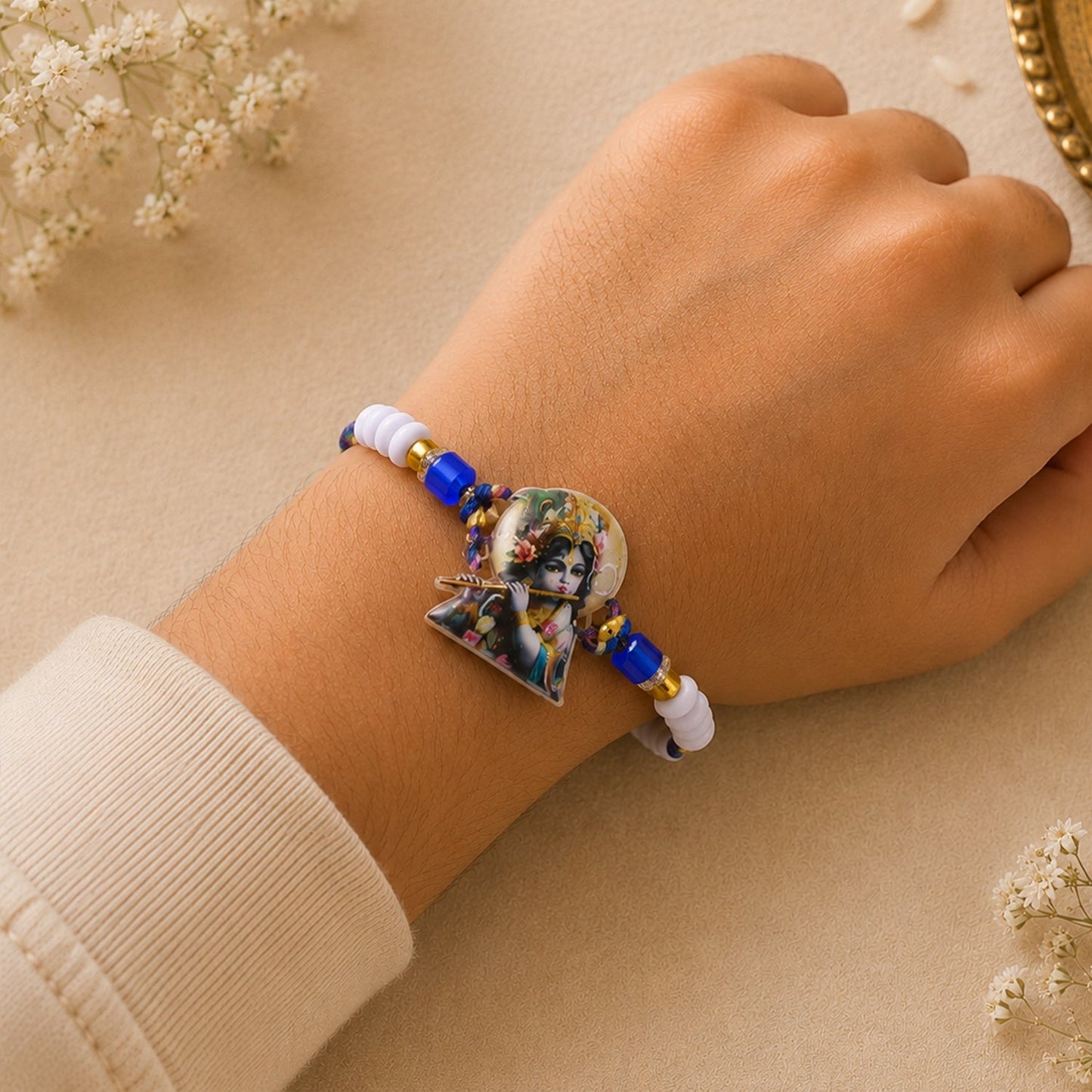 Krishna Bansuri Printed Pearl Beads Traditional Designer Rakhi