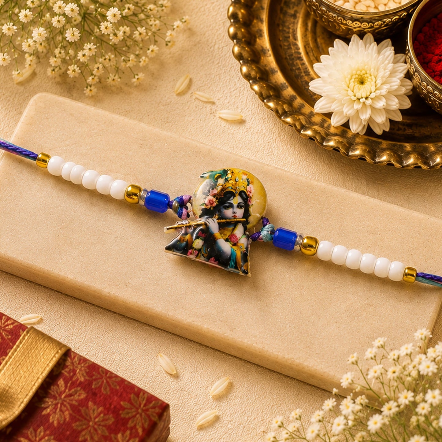 Krishna Bansuri Printed Pearl Beads Traditional Designer Rakhi