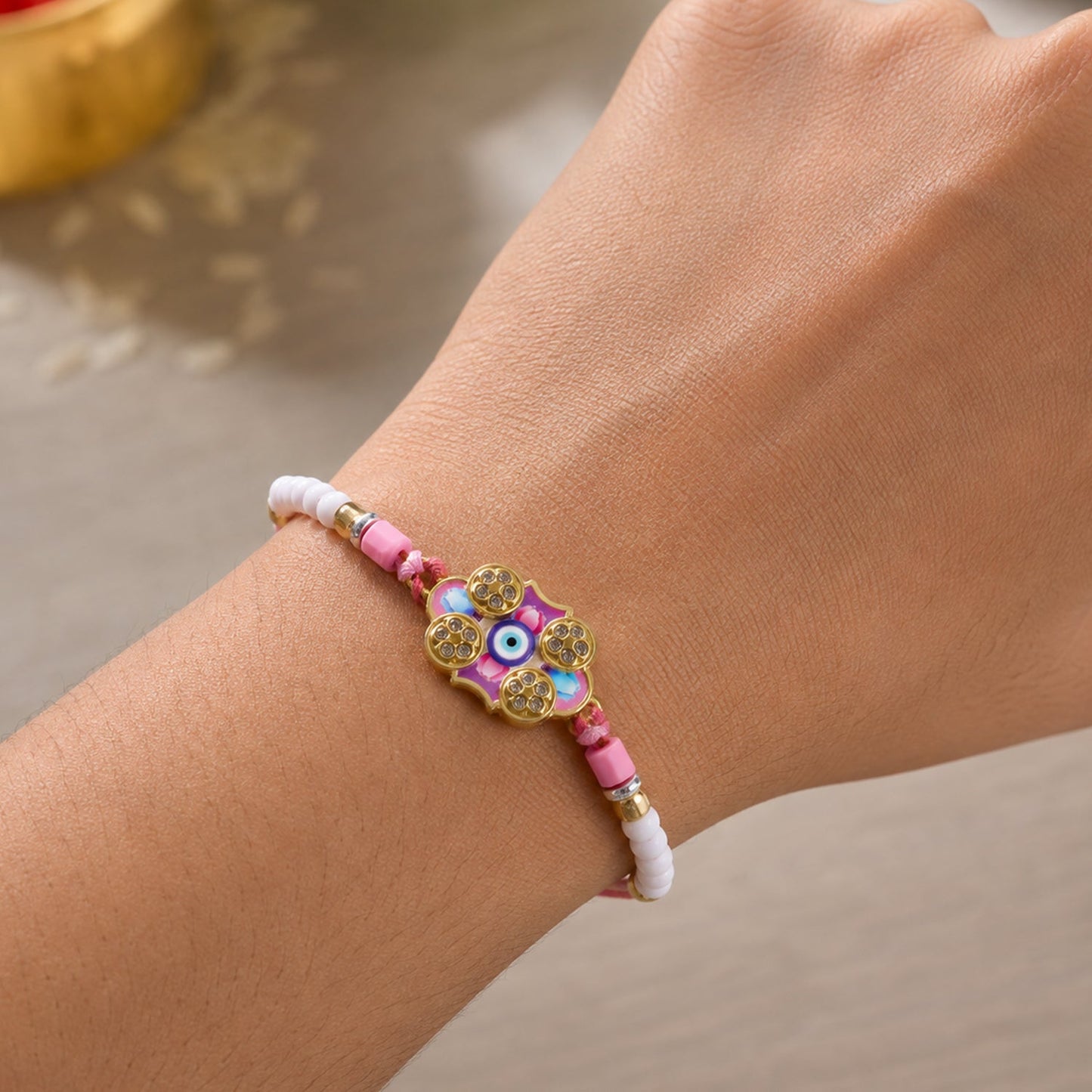 Floral Nazar Evil Eye Crystal Stone Pearl Beads Designer Rakhi
