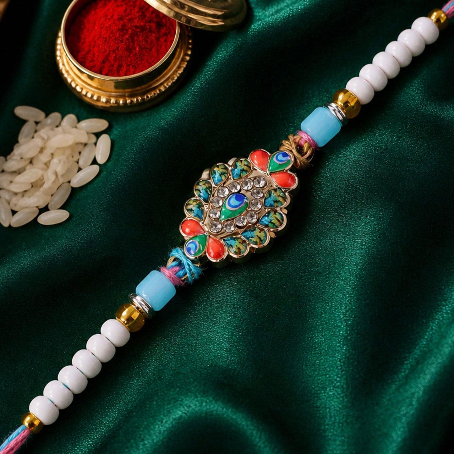 Morpankh Feather Meenakari Kundan Crystal Beads Rakhi