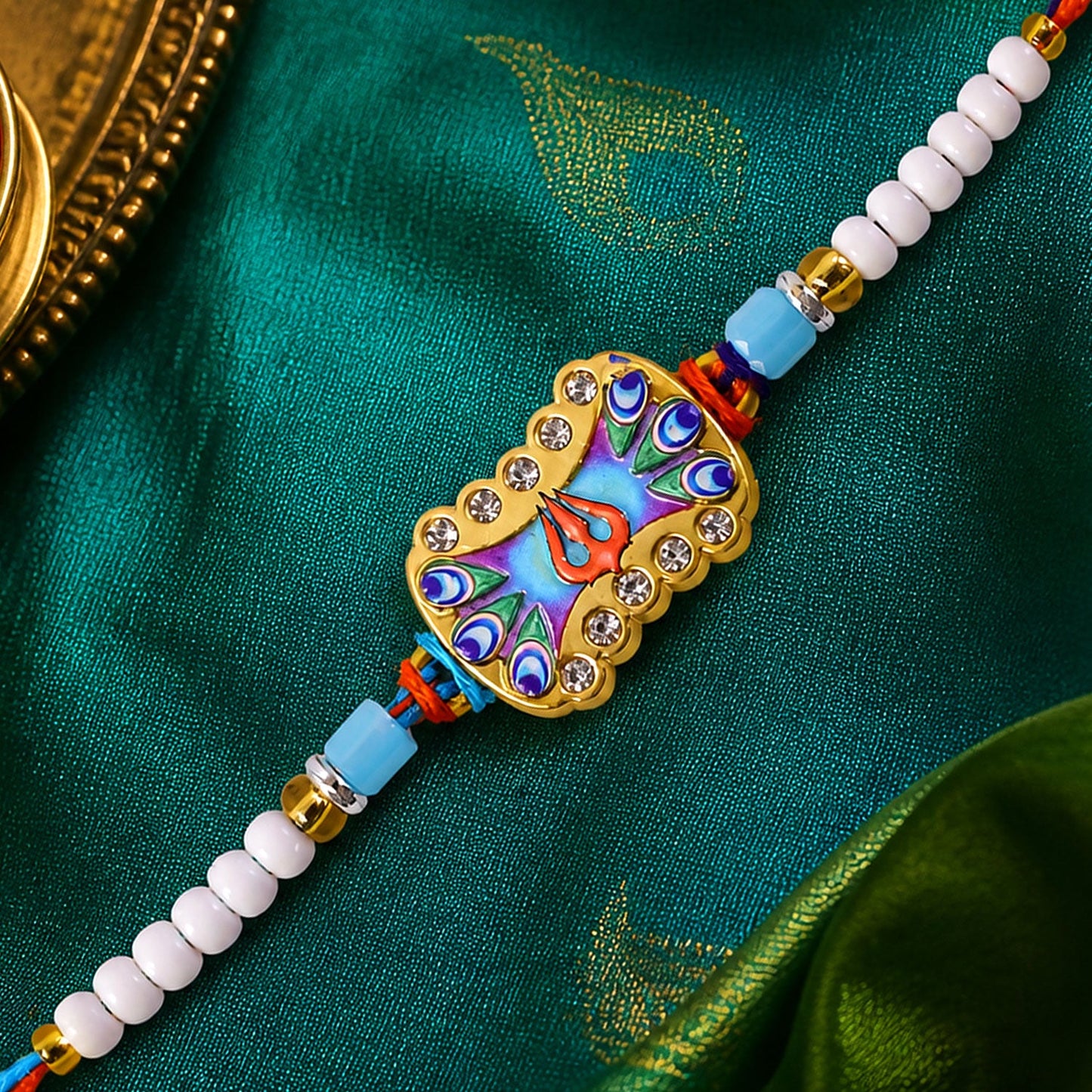 Trishul Nazar Evil Eye Meenakari Crystal Golden Beads Rakhi