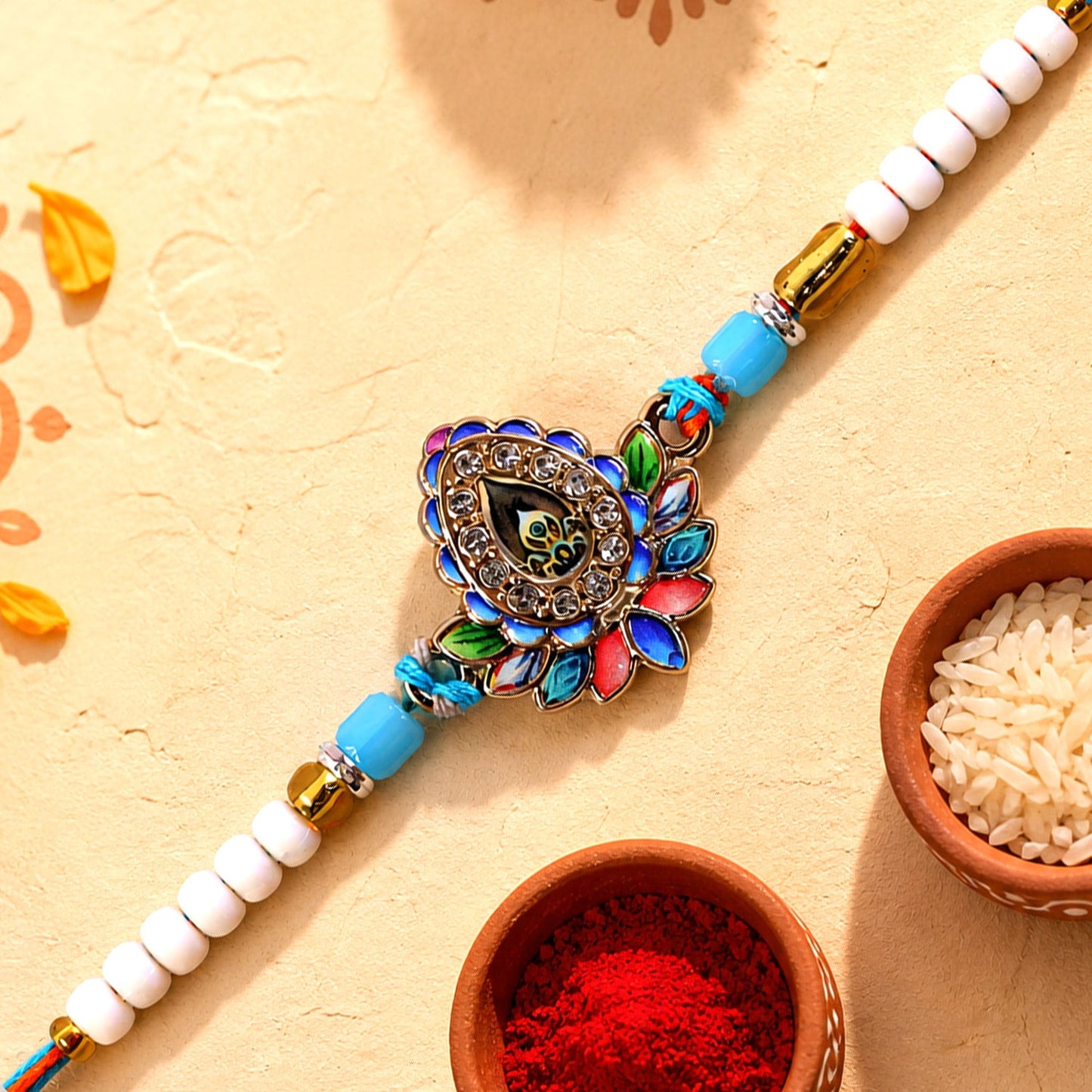 Premium Designer Lotus Petal Meenakari Crystal Stone Beads Rakhi
