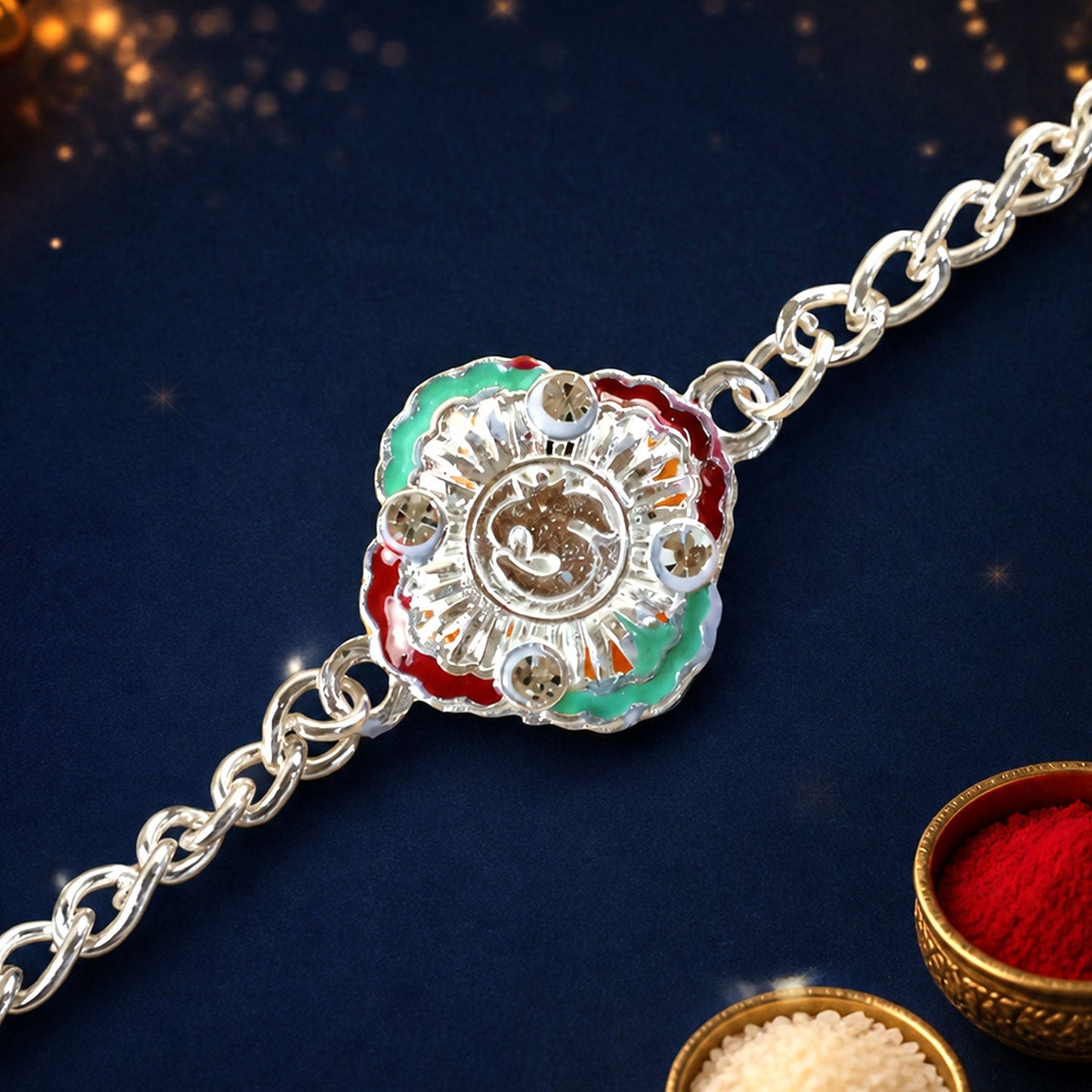 Om Meenakari Enamel Crystal Stone Silver Link Chain Designer Rakhi