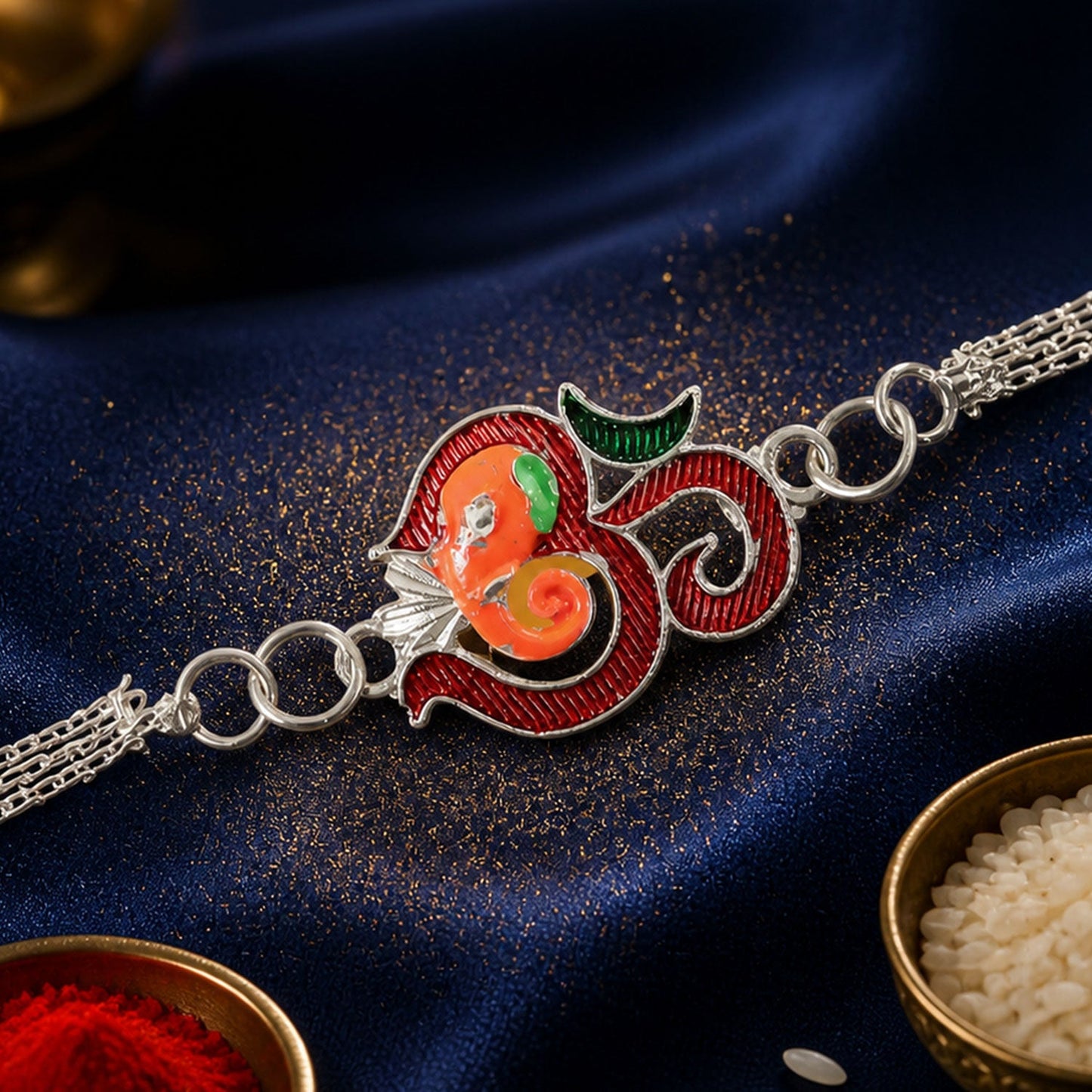 Om Ganesh Motif Enamel Meenakari Silver Chain Designer Rakhi