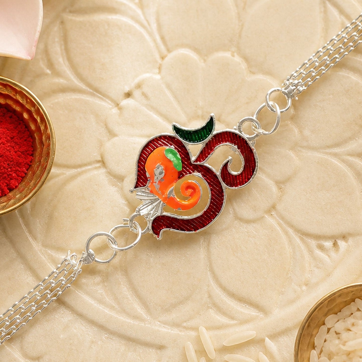 Om Ganesh Motif Enamel Meenakari Silver Chain Designer Rakhi