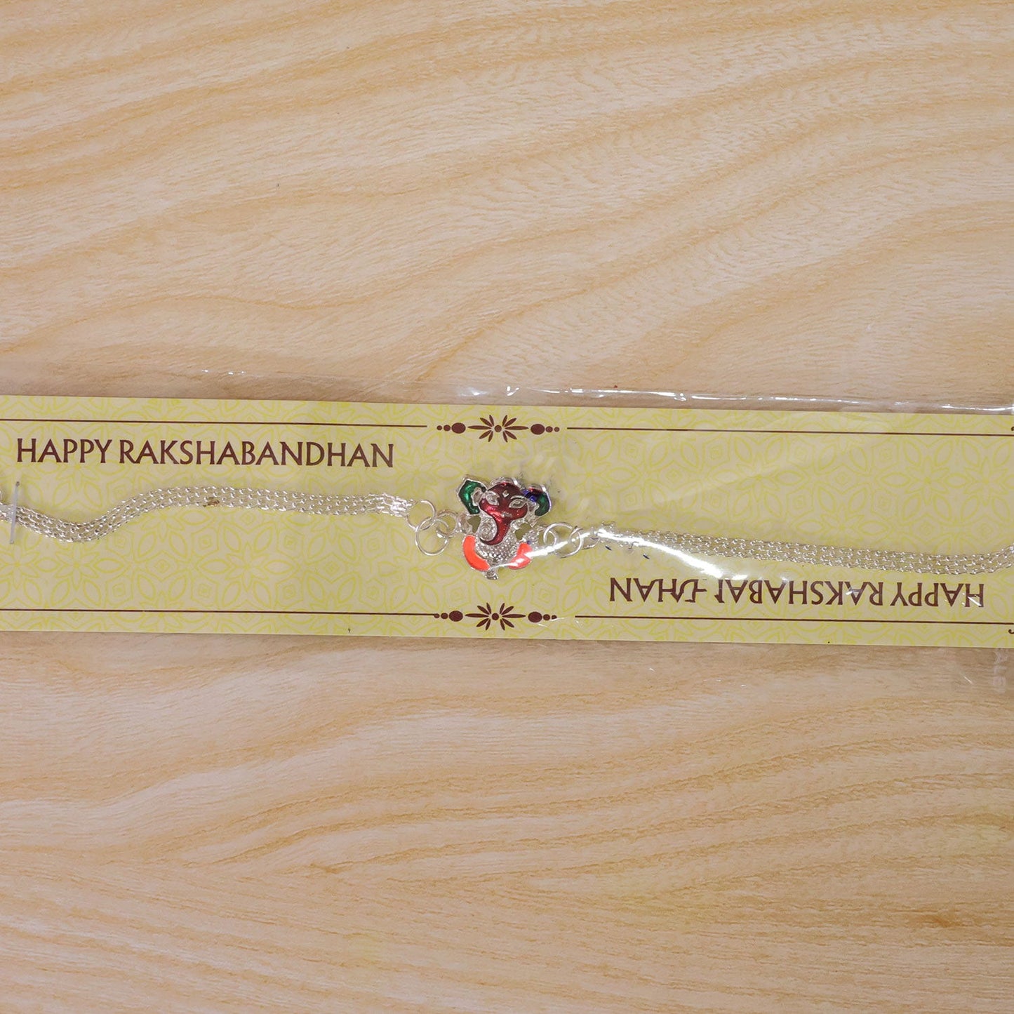 Premium Shree Ganpati Meenakari Enamel Silver Chain Rakhi For Brother