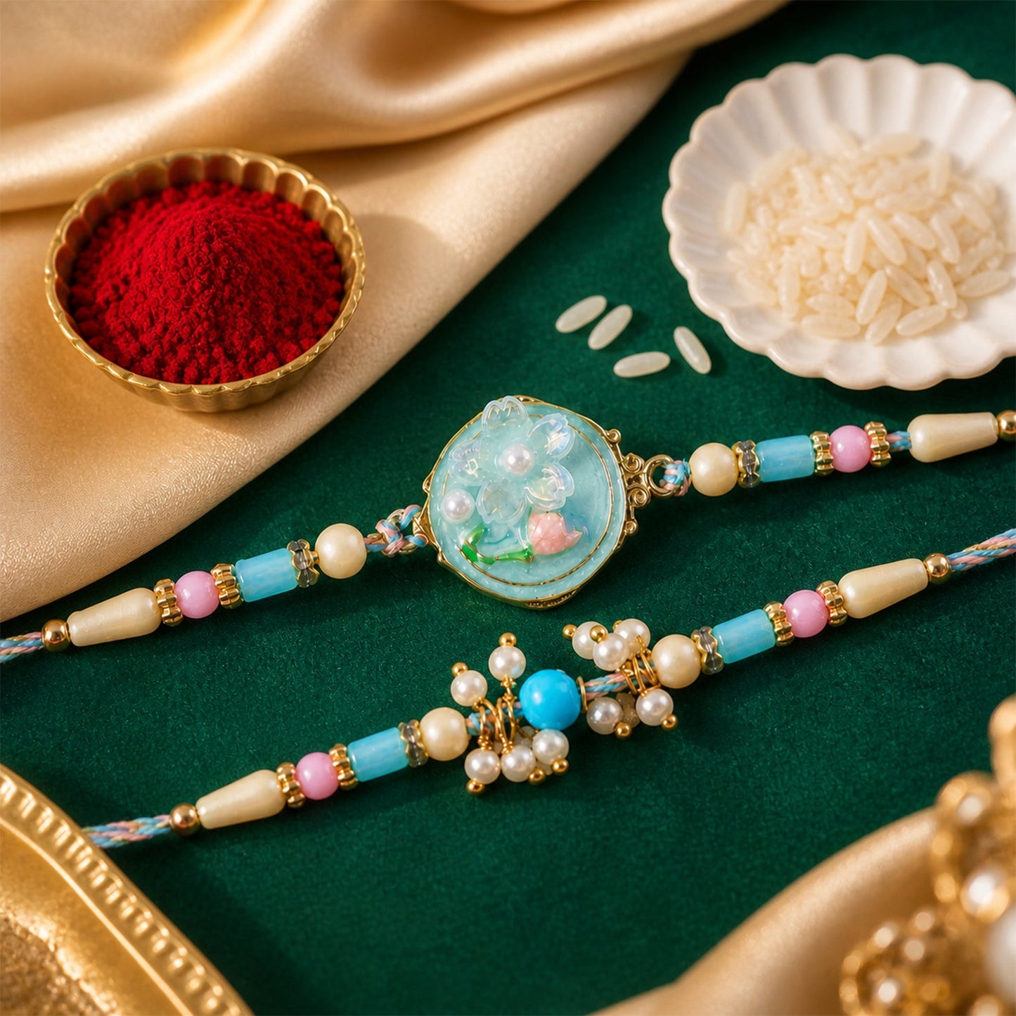 Floral Enamel Bhai Bhabhi Rakhi Lumba Set with Pearl Crystal Beads