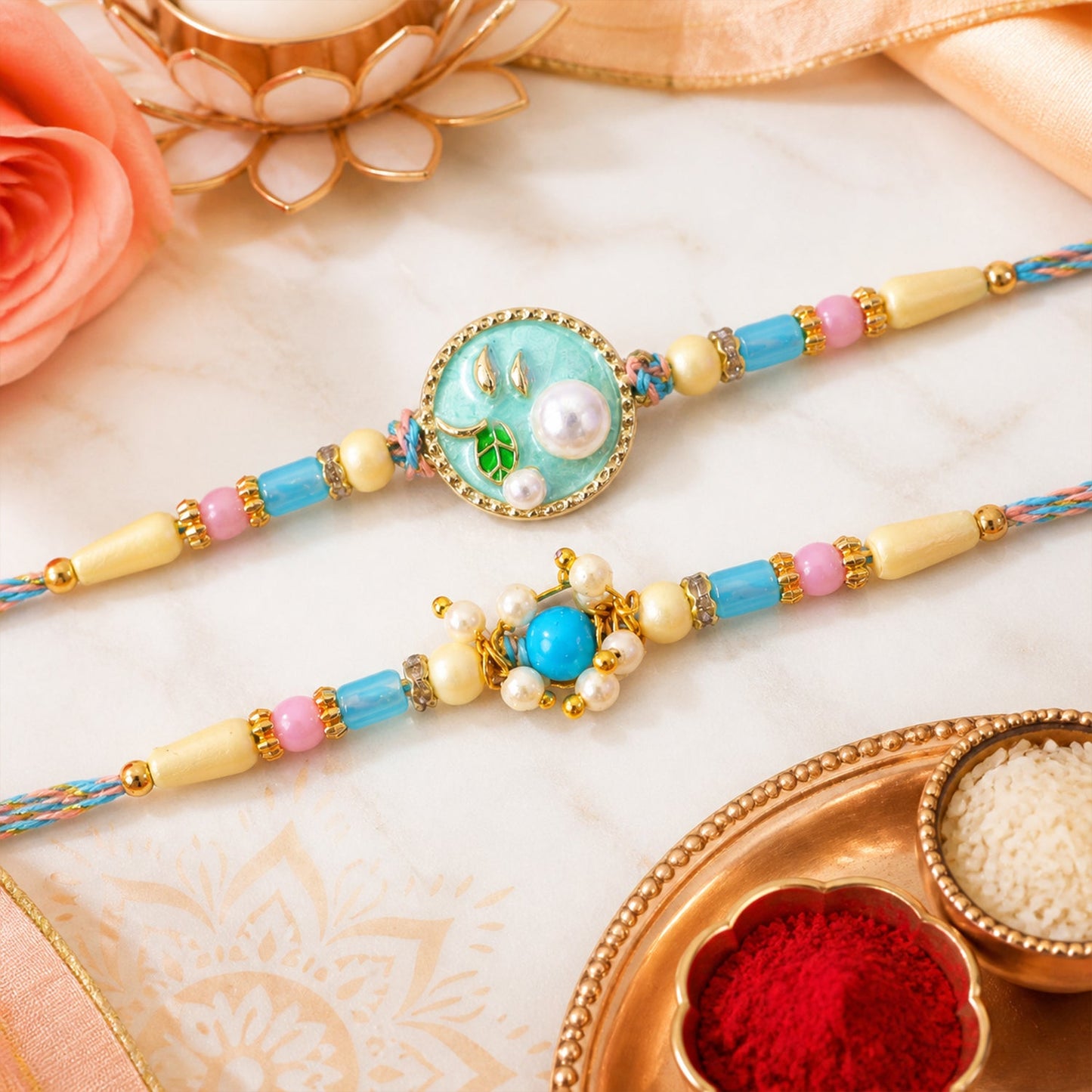 Premium Round Enamel Pearl Beads Bhai Bhabhi Rakhi Lumba Set