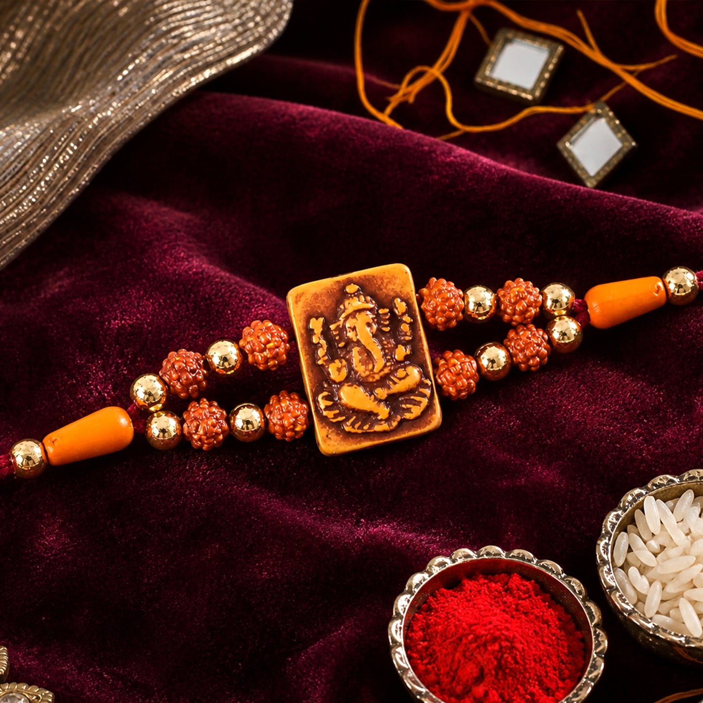 Ganesha Rudraksha Rakhi with Golden Beads – Traditional Rakhi