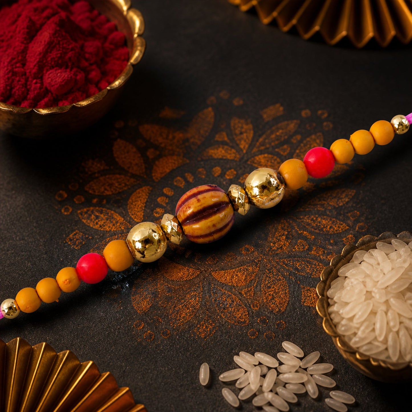 Wooden Striped Bead Golden Multicolor Beads Traditional Rakhi