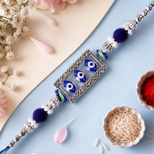 Triple Nazar Evil Eye Rectangle Frame Crystal Beads Rakhi