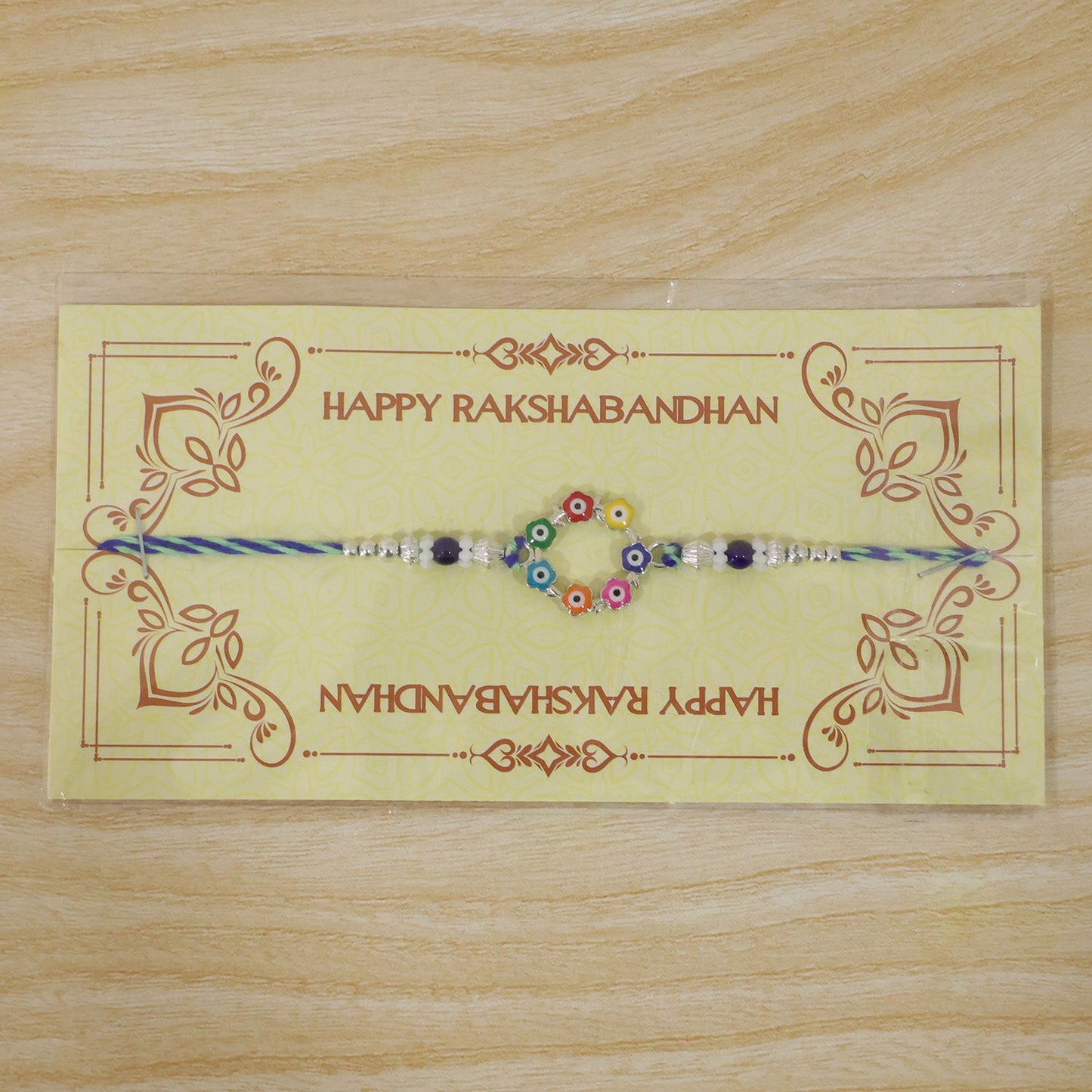 Multicolor Floral Nazar Evil Eye Wreath Circle Crystal Beads Rakhi