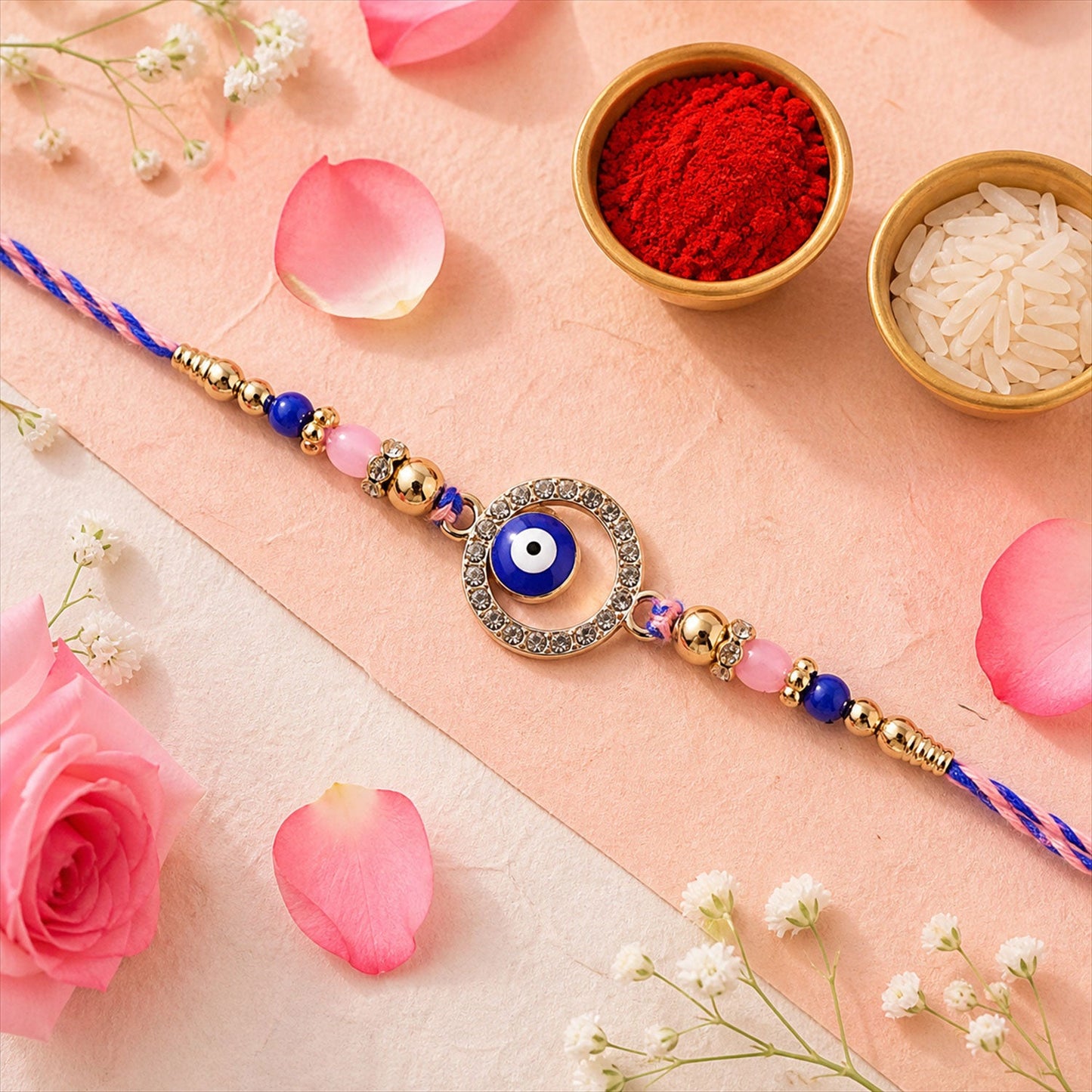 Premium Evil Eye Bhai Bhabhi Lumba Rakhi Set with Pearl Tassel Chain
