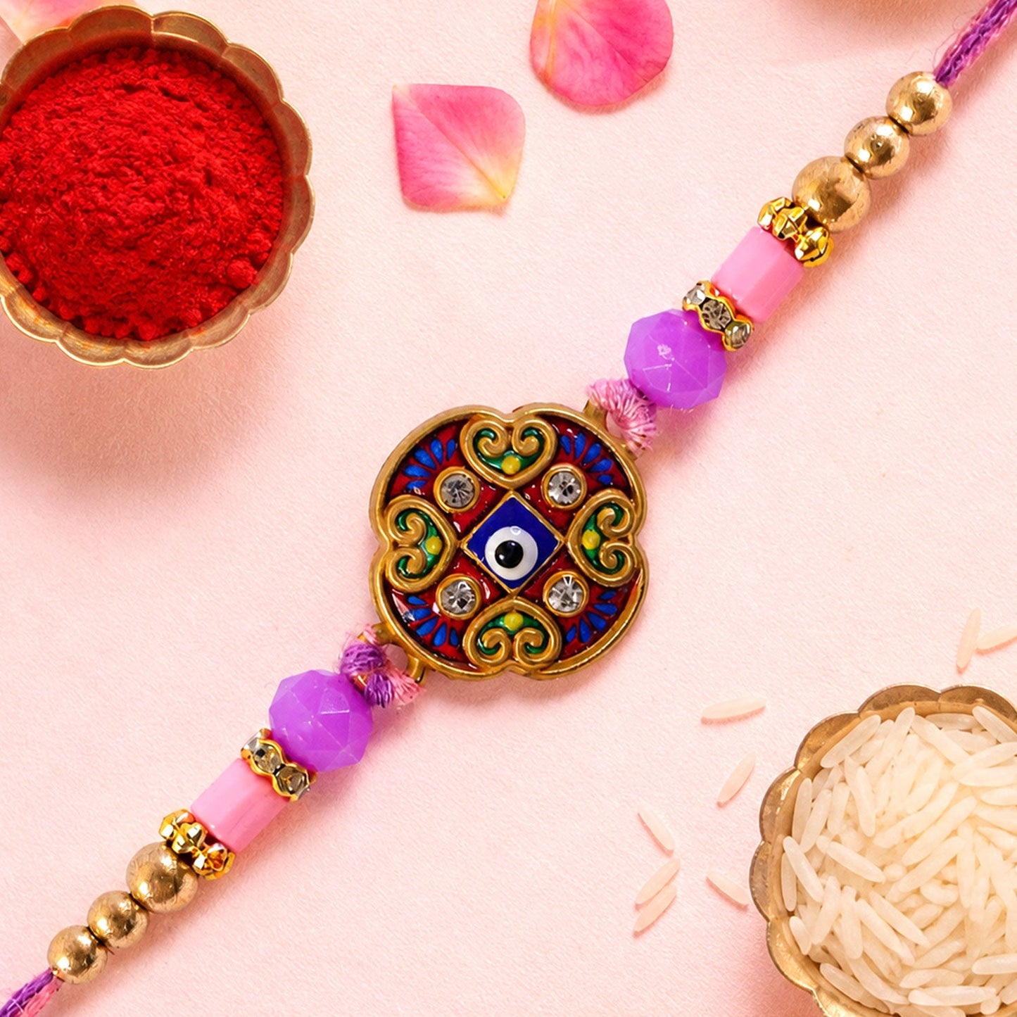Round Evil Eye Mandala Stone Rakhi with Pearl Beads and Festive Center Charm