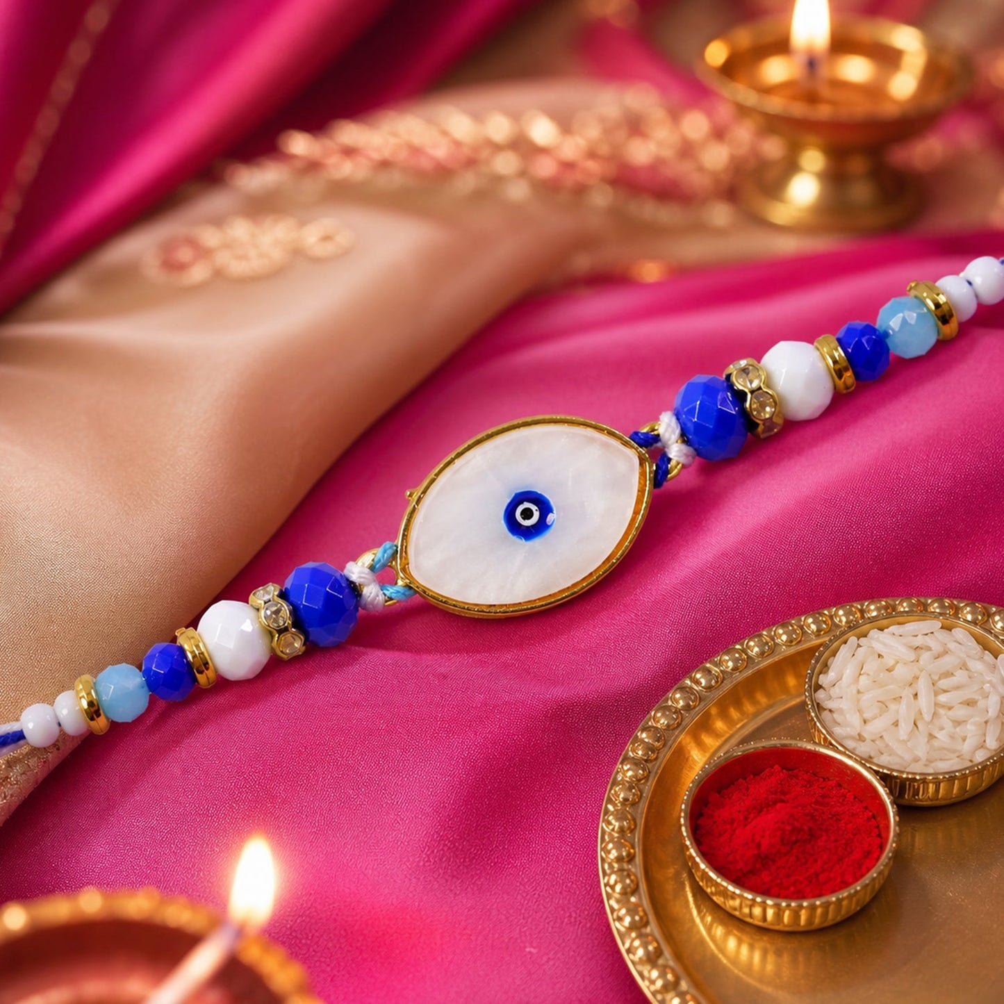Oval Evil Eye Beaded Rakhi with Pearl Accent and Minimal Center Detail