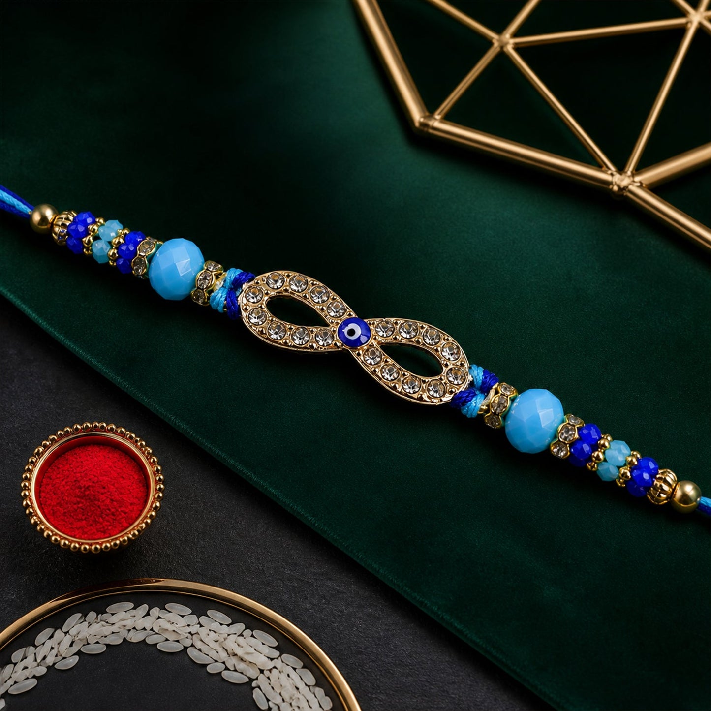 Infinity Evil Eye Stone Beaded Rakhi with Elegant Link Center Detail Design