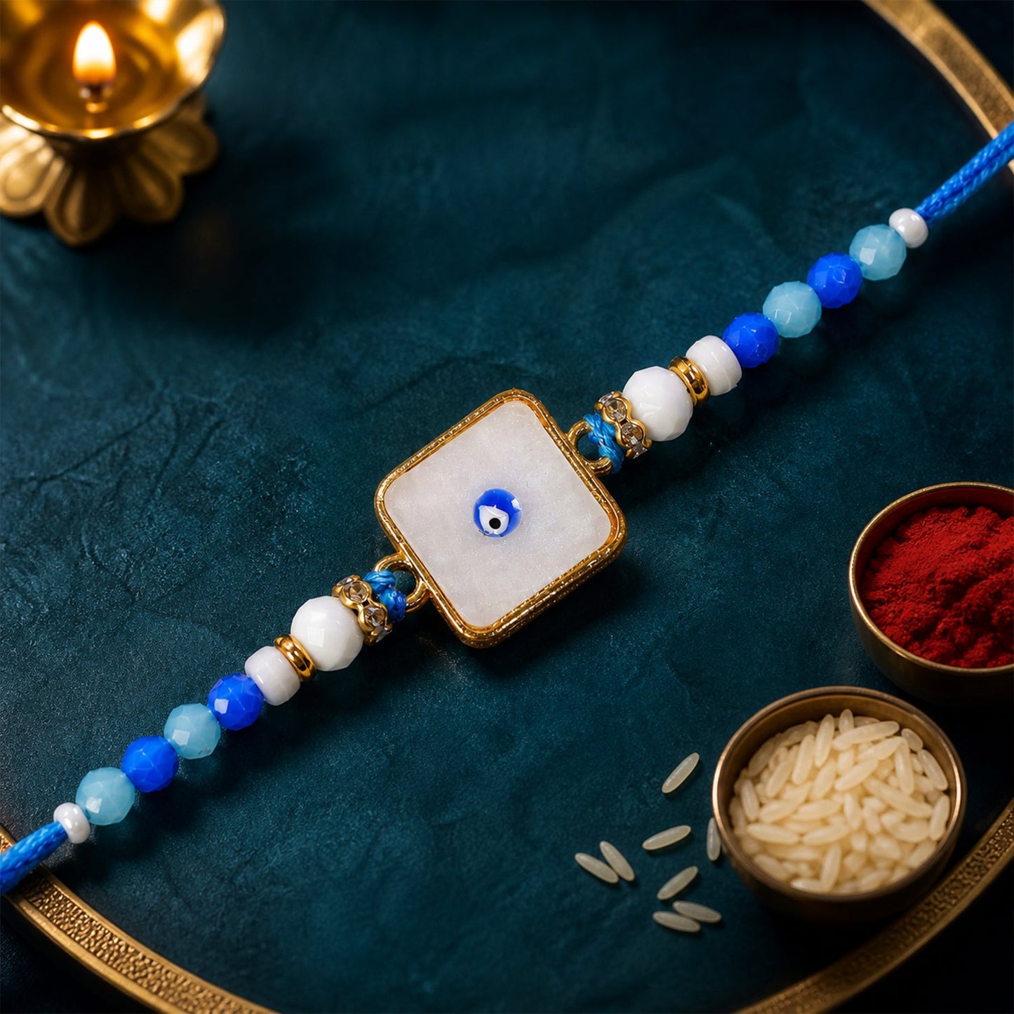 Square Evil Eye Rakhi with Pearl Beads and Simple Center Charm Design