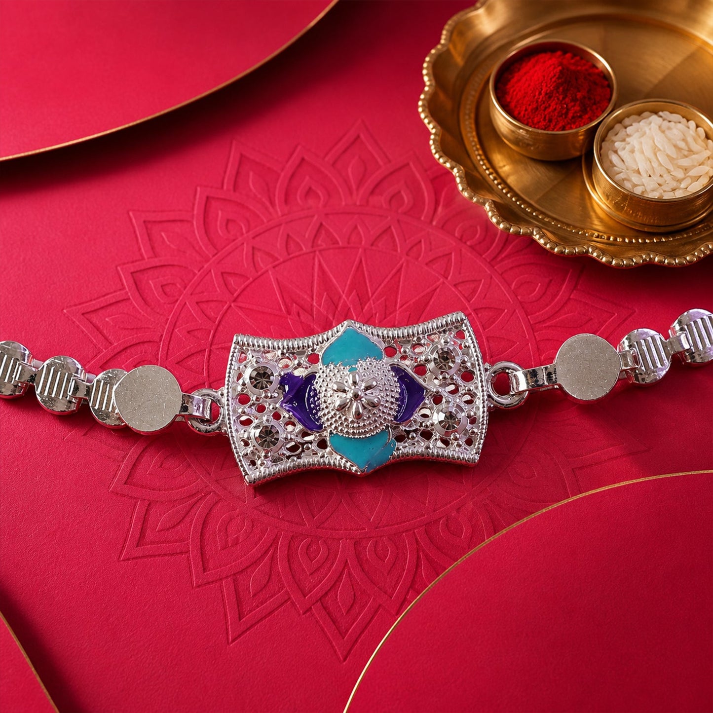 Premium Stone Chain Rakhi with Ornamental Center and Beaded Detail
