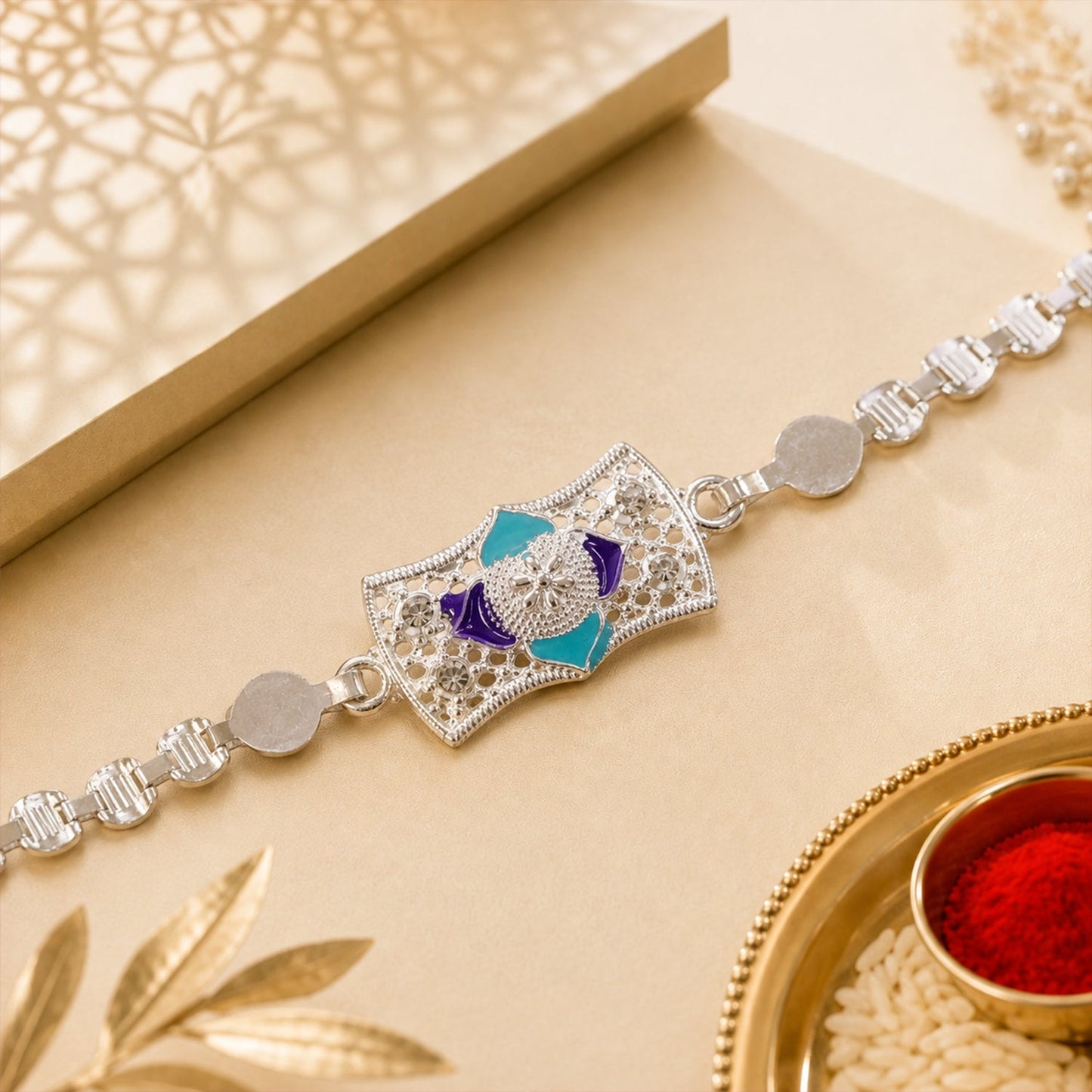Premium Stone Chain Rakhi with Ornamental Center and Beaded Detail