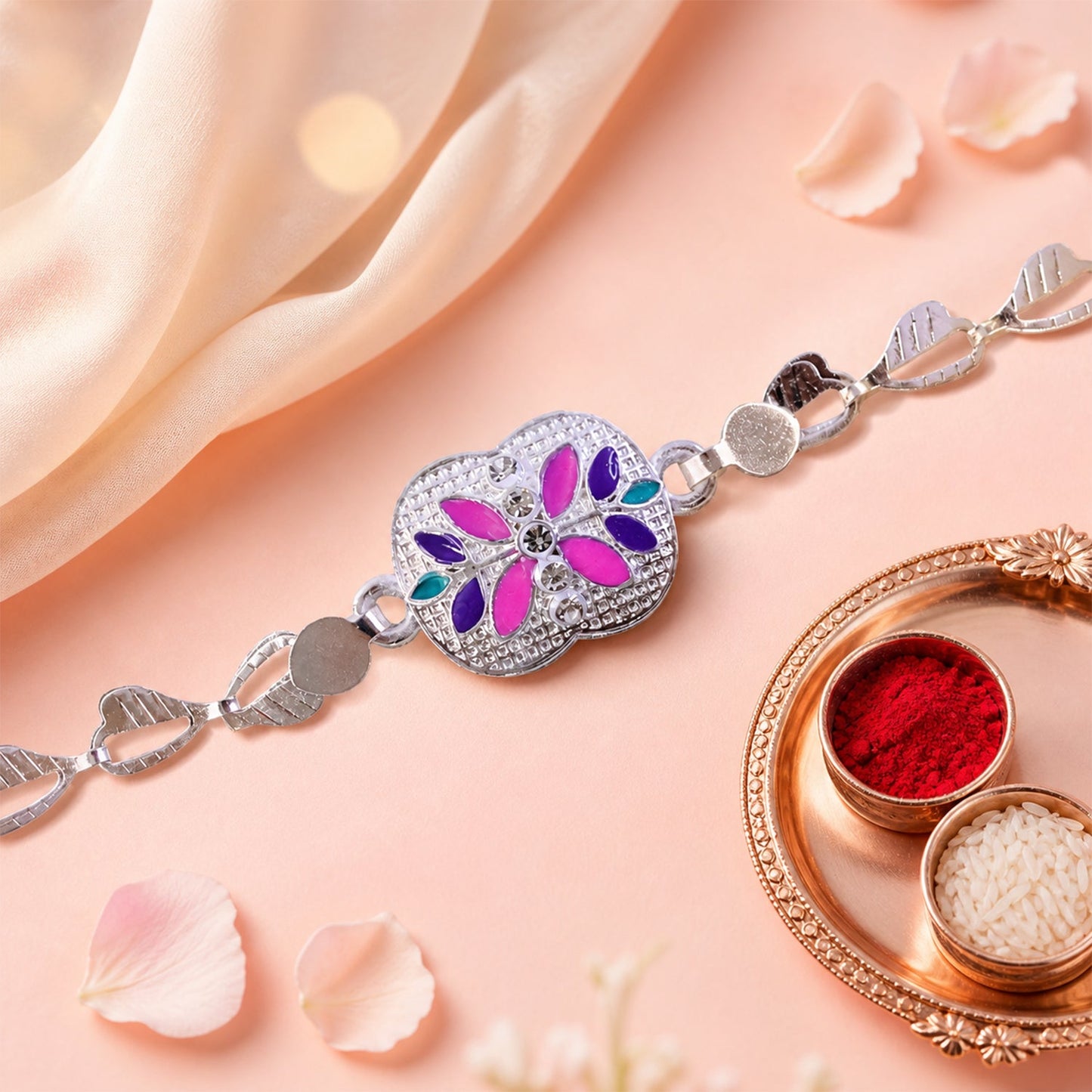 Premium Floral Stone Chain Rakhi with Elegant Center Charm Detail