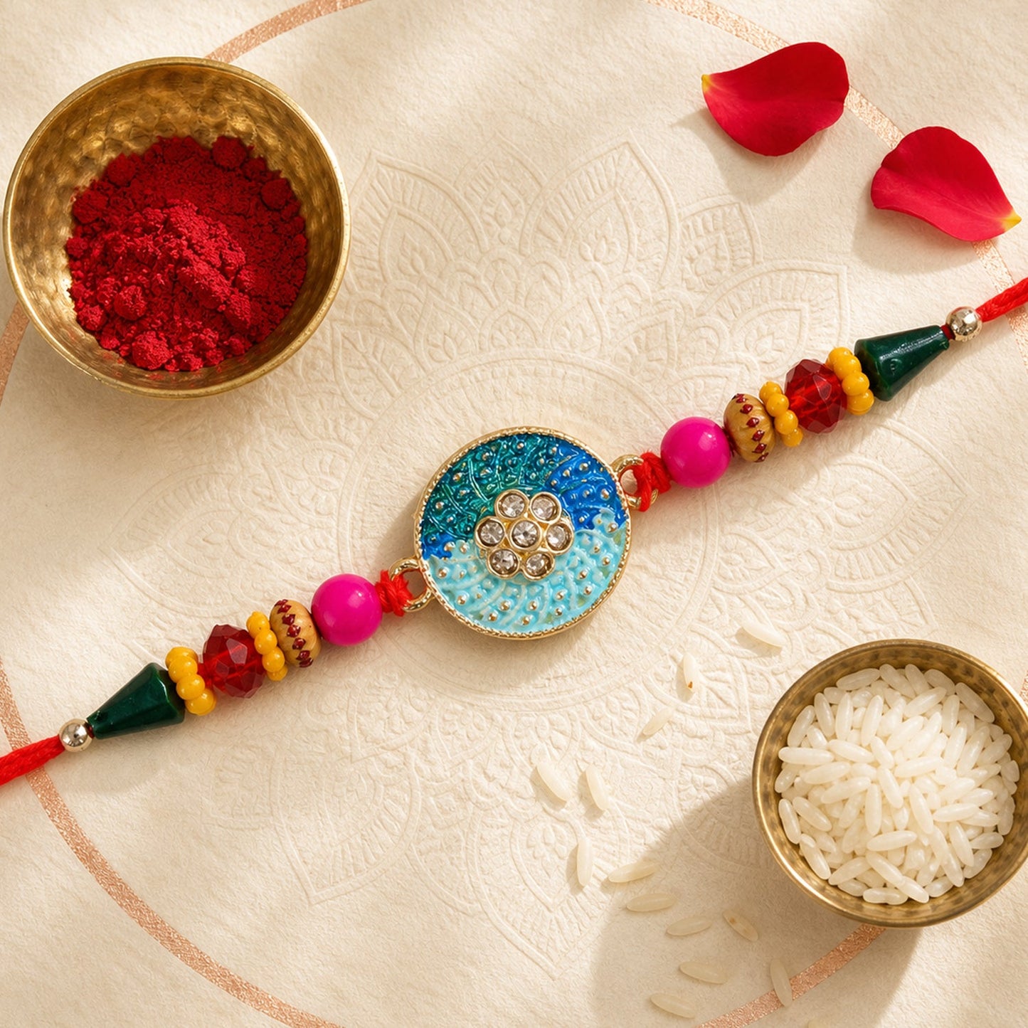 Round Blue Meenakari Kundan Floral Multicolor Beads Designer Rakhi