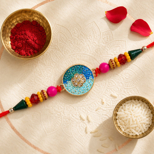 Round Blue Meenakari Kundan Floral Multicolor Beads Designer Rakhi