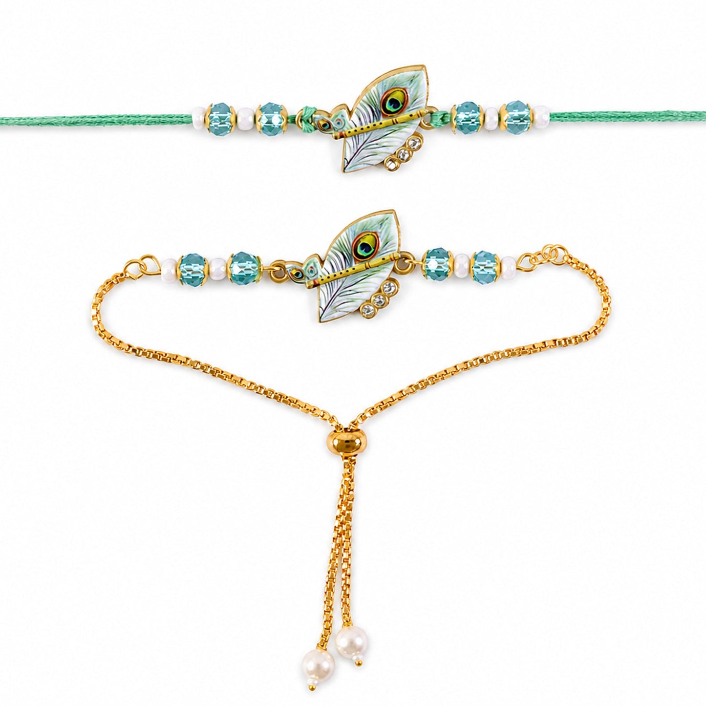 Premium Krishna Bansuri Peacock Feather Pearl Crystal Bhai Bhabhi Rakhi Lumba Set