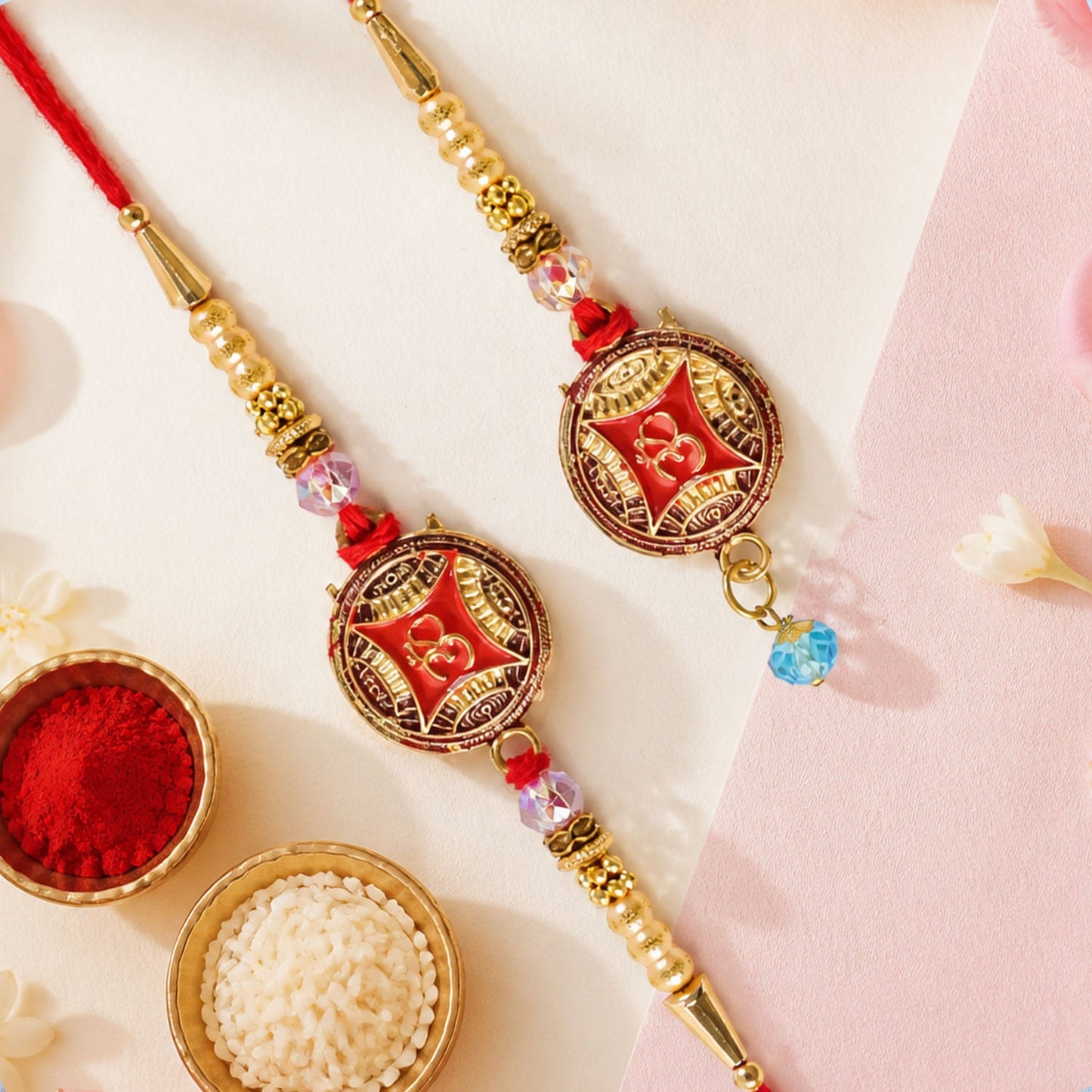 Round Om Red Enamel Golden Pearl Beads Premium Bhai Bhai Rakhi Set