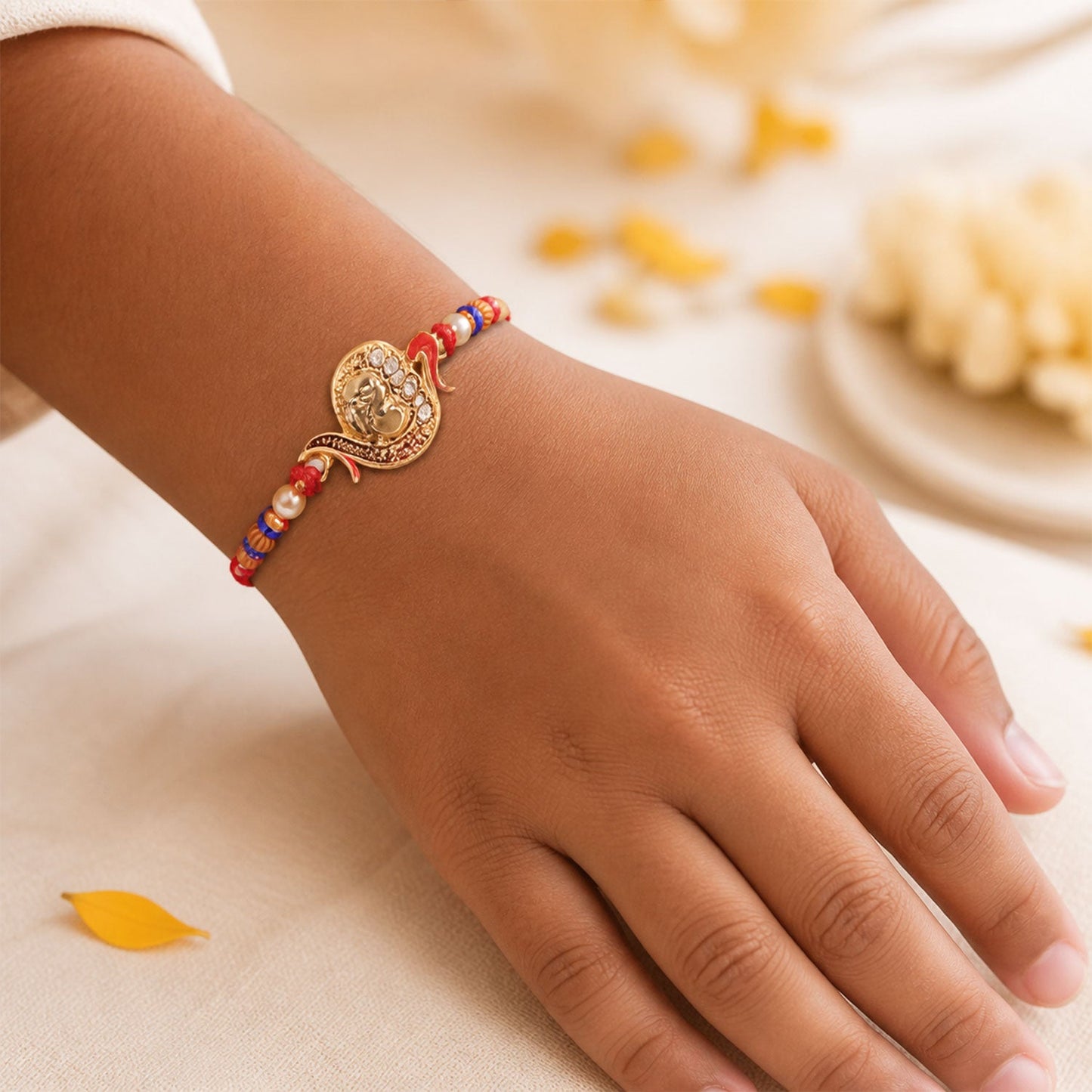 Premium Om Motif Bhai Bhabhi Lumba Rakhi with Hanging Beads
