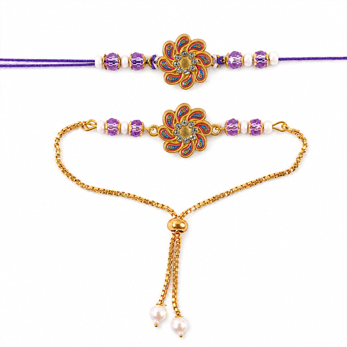 Premium Floral Cluster Bhai Bhabhi Lumba Rakhi with Bead Accent