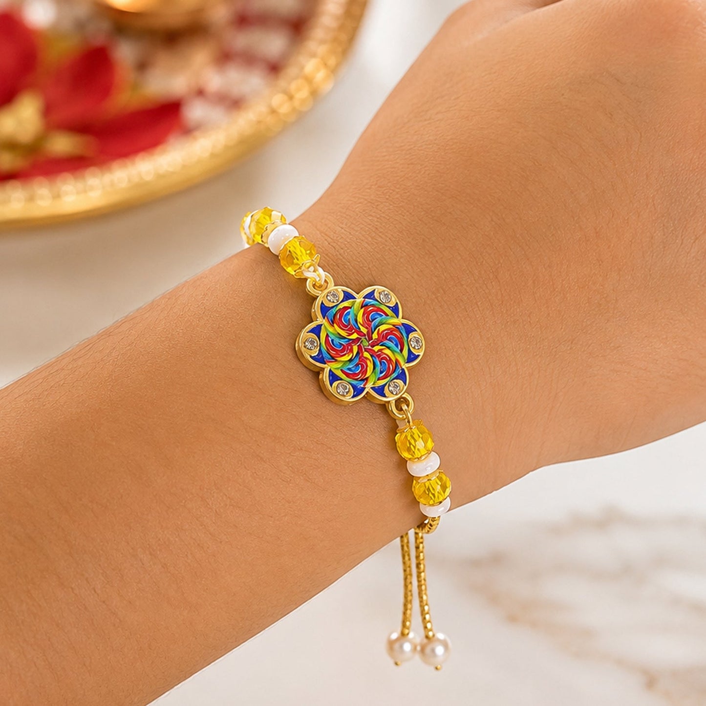 Floral Pinwheel Meenakari Crystal Beads Bhai Bhabhi Rakhi Lumba Set